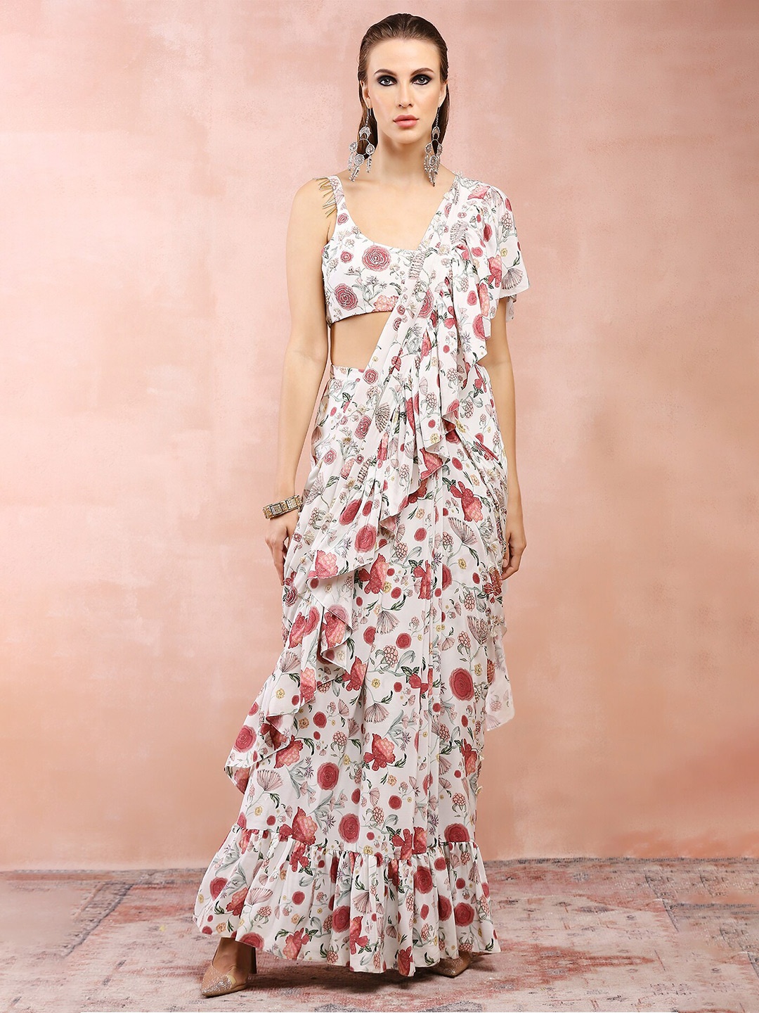 

Payal Singhal Floral Printed Silk Crepe Ready To Wear Saree, Off white