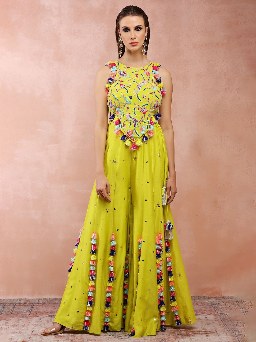 

Payal Singhal Embroidered Sleeveless Choli With Sharara, Lime green