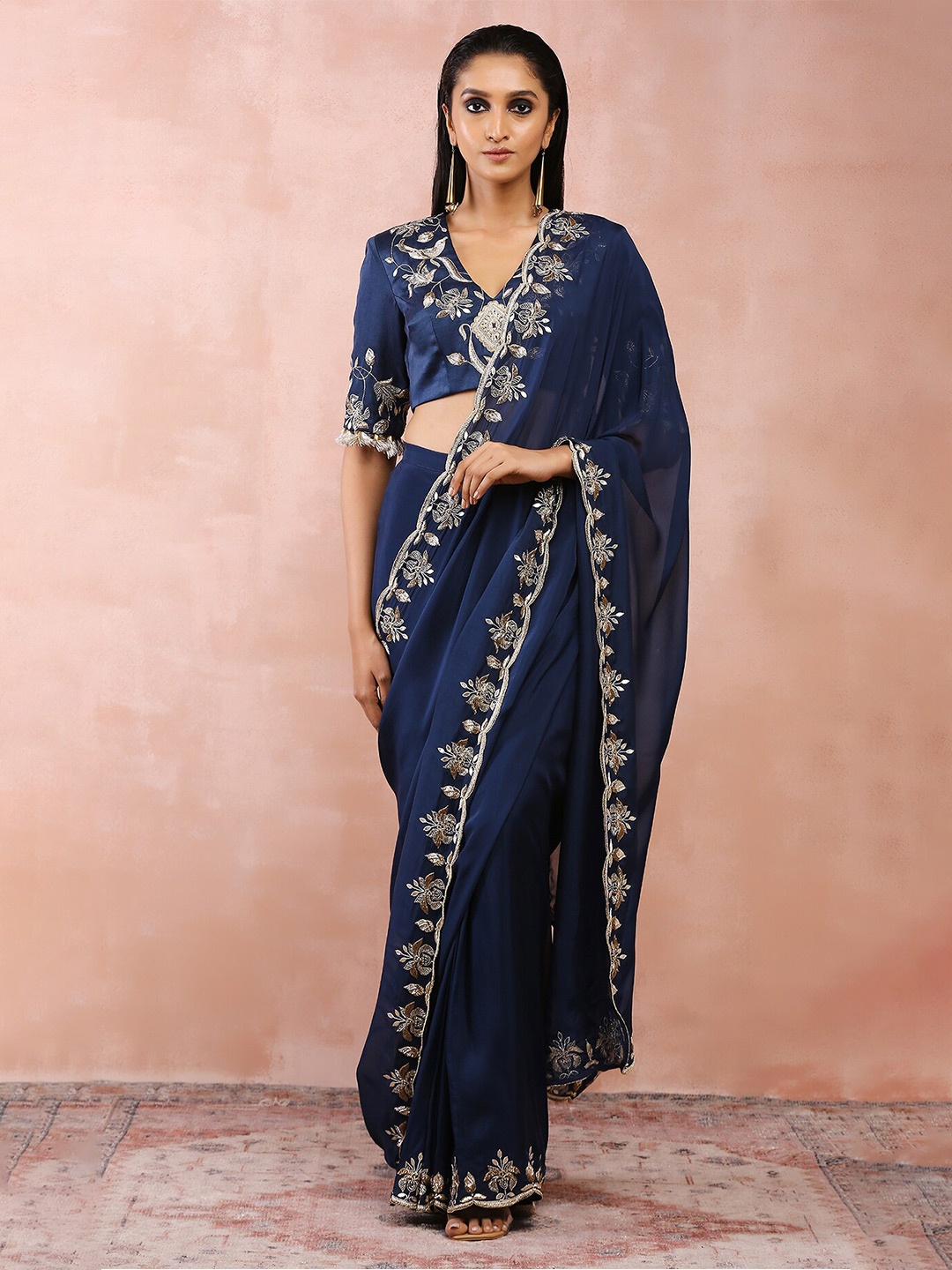 

Payal Singhal Embroidered Pant Saree, Navy blue