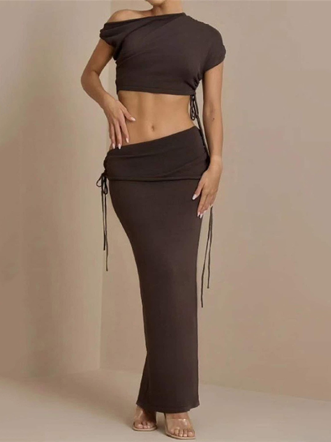 

LULU & SKY One-Shoulder Neck Crop Top & Skirts, Brown