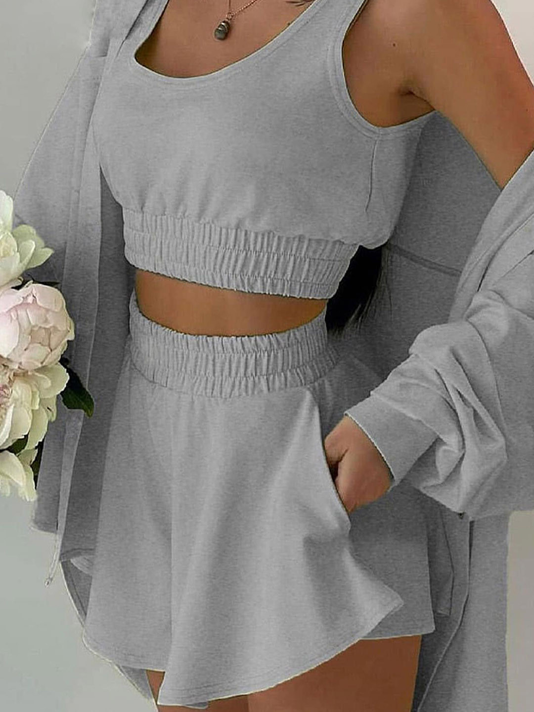 

LULU & SKY Round-Neck Top With Shorts & Coat, Grey
