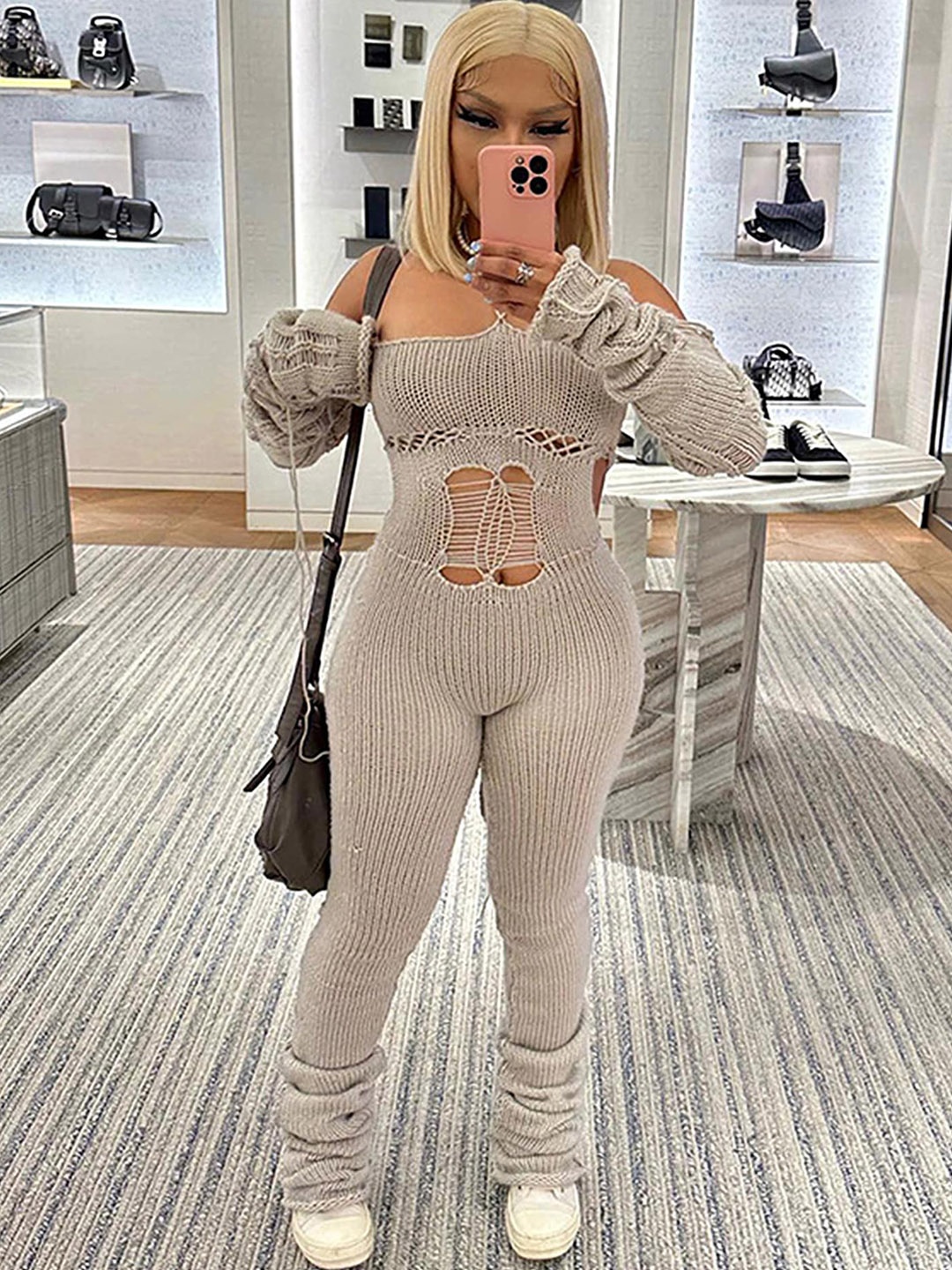 

LULU & SKY Self Design Halter Neck Detachable Sleeves Detail Basic Jumpsuit, Grey