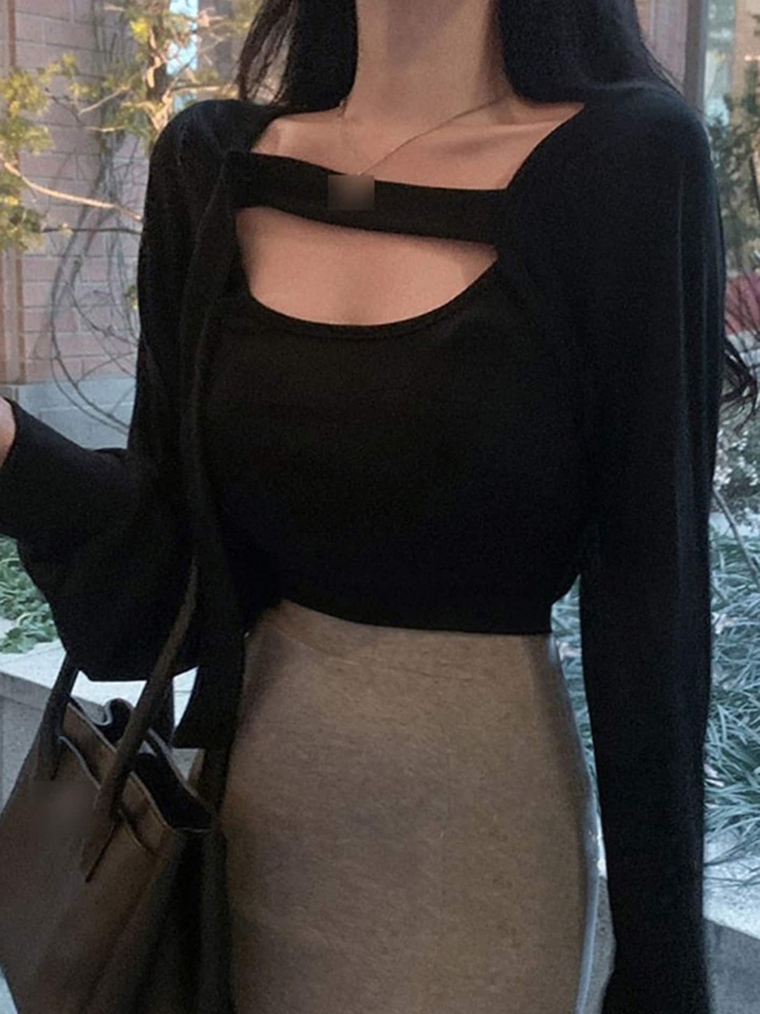 

LULU & SKY Shoulder Straps Crop Top With Long Sleeves Cardigan, Black