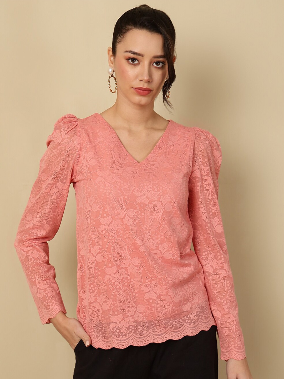 

AKIMIA Self Design Puff Sleeve V-Neck Lace Inserts Net Top, Peach