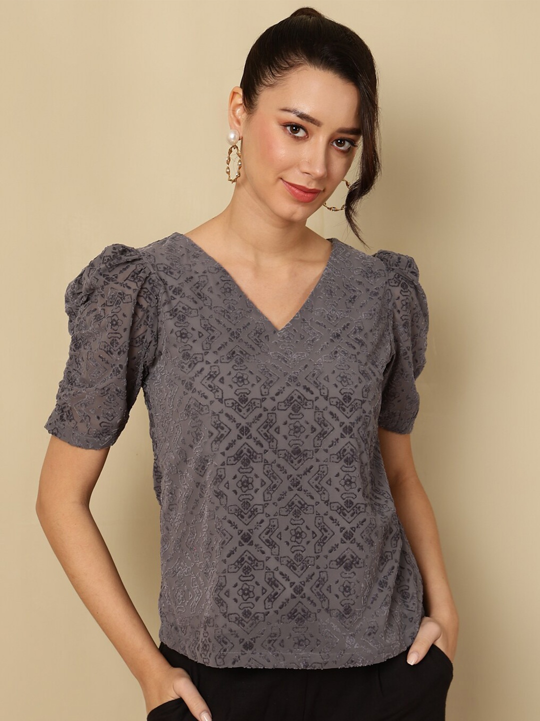 

AKIMIA Floral Printed V-Neck Puff Sleeve Georgette Top, Grey