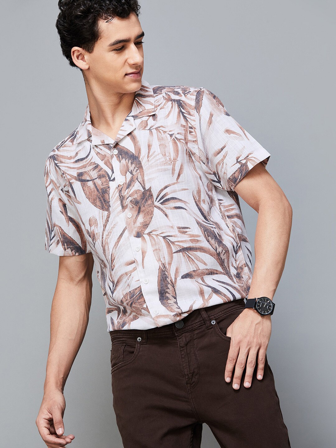 

Fame Forever by Lifestyle Floral Printed Spread Collar Cotton Casual Shirt, Beige