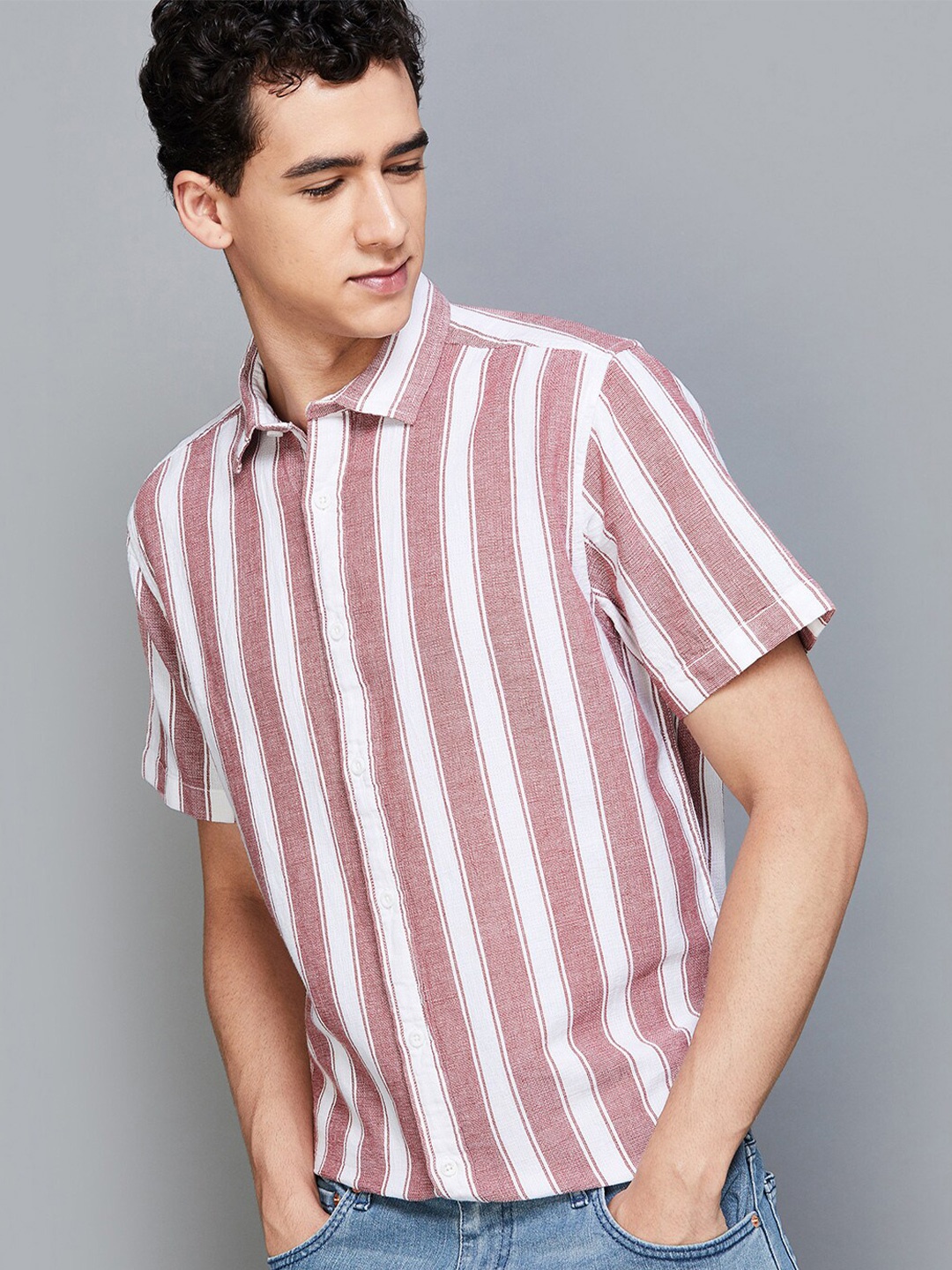 

Fame Forever by Lifestyle Striped Spread Collar Short Sleeves Cotton Casual Shirt, Red