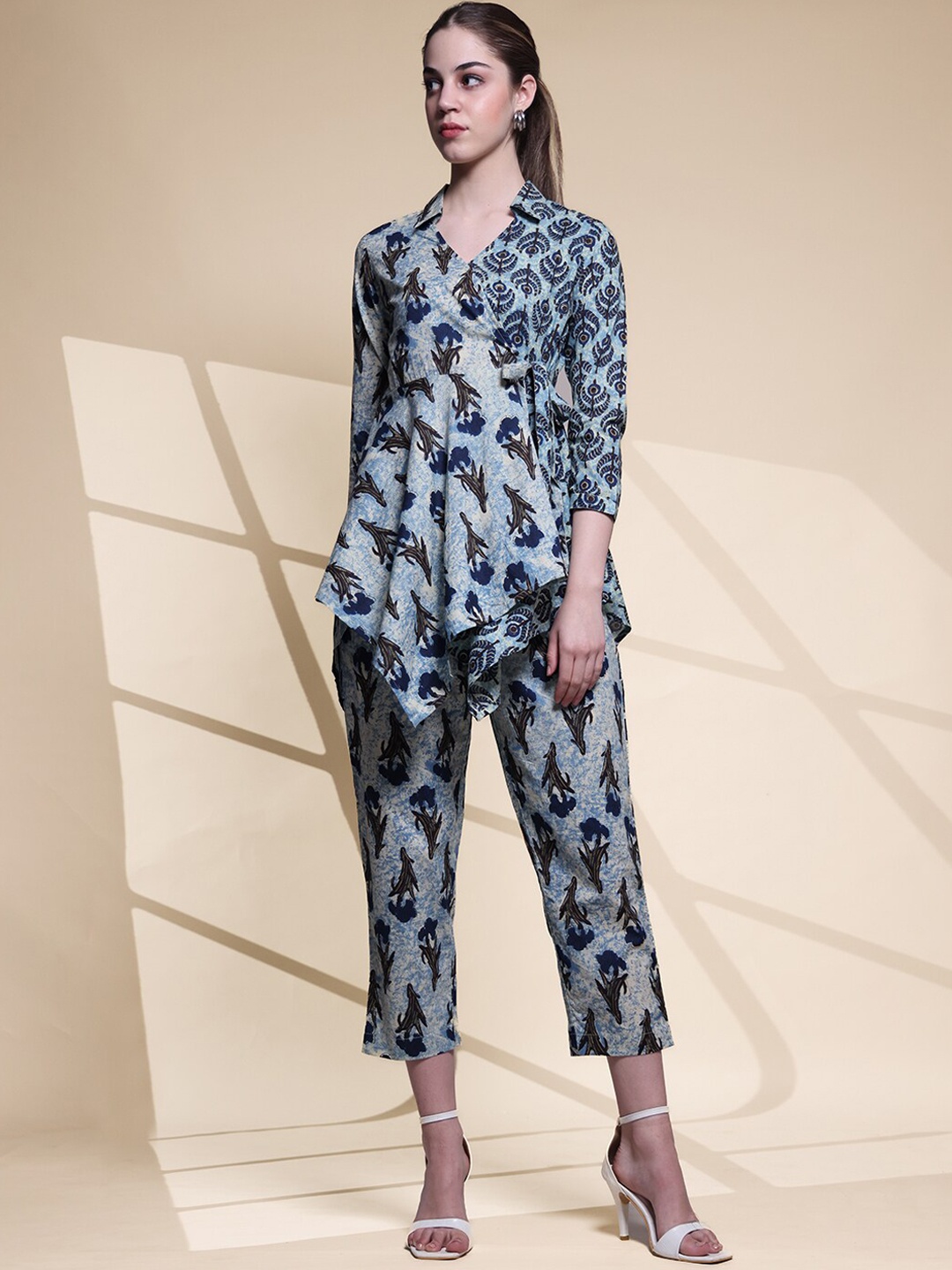 

Anouk Teal Printed Pure Cotton Shirt-Collar Top With Trouser Co-Ords