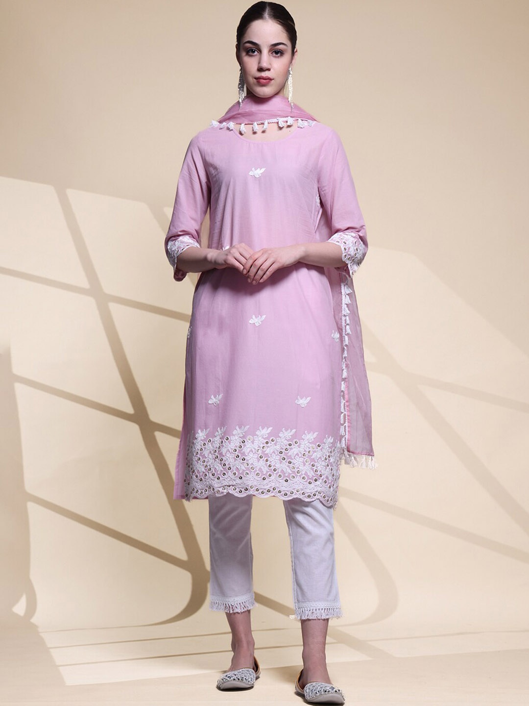 

Anouk Ethnic Motifs Embroidered Thread Work Pure Cotton Straight Kurta Trousers & Dupatta, Pink
