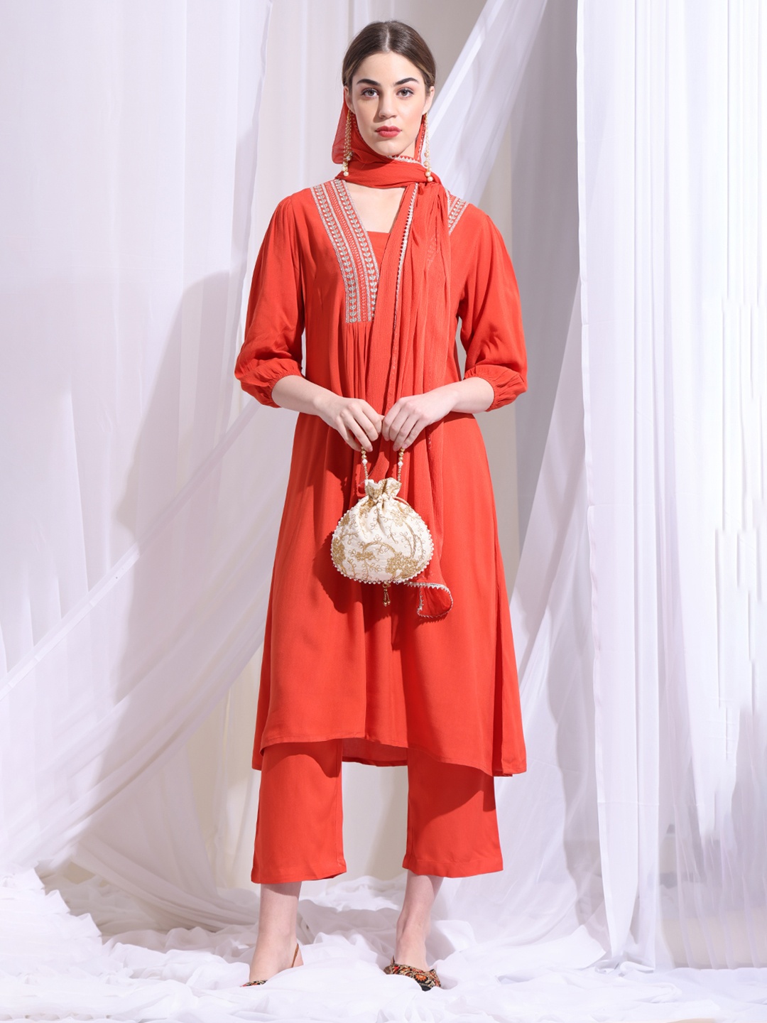 

Anouk Yoke Design Pleated Sequinned Straight Kurta with Palazzos & With Dupatta, Orange
