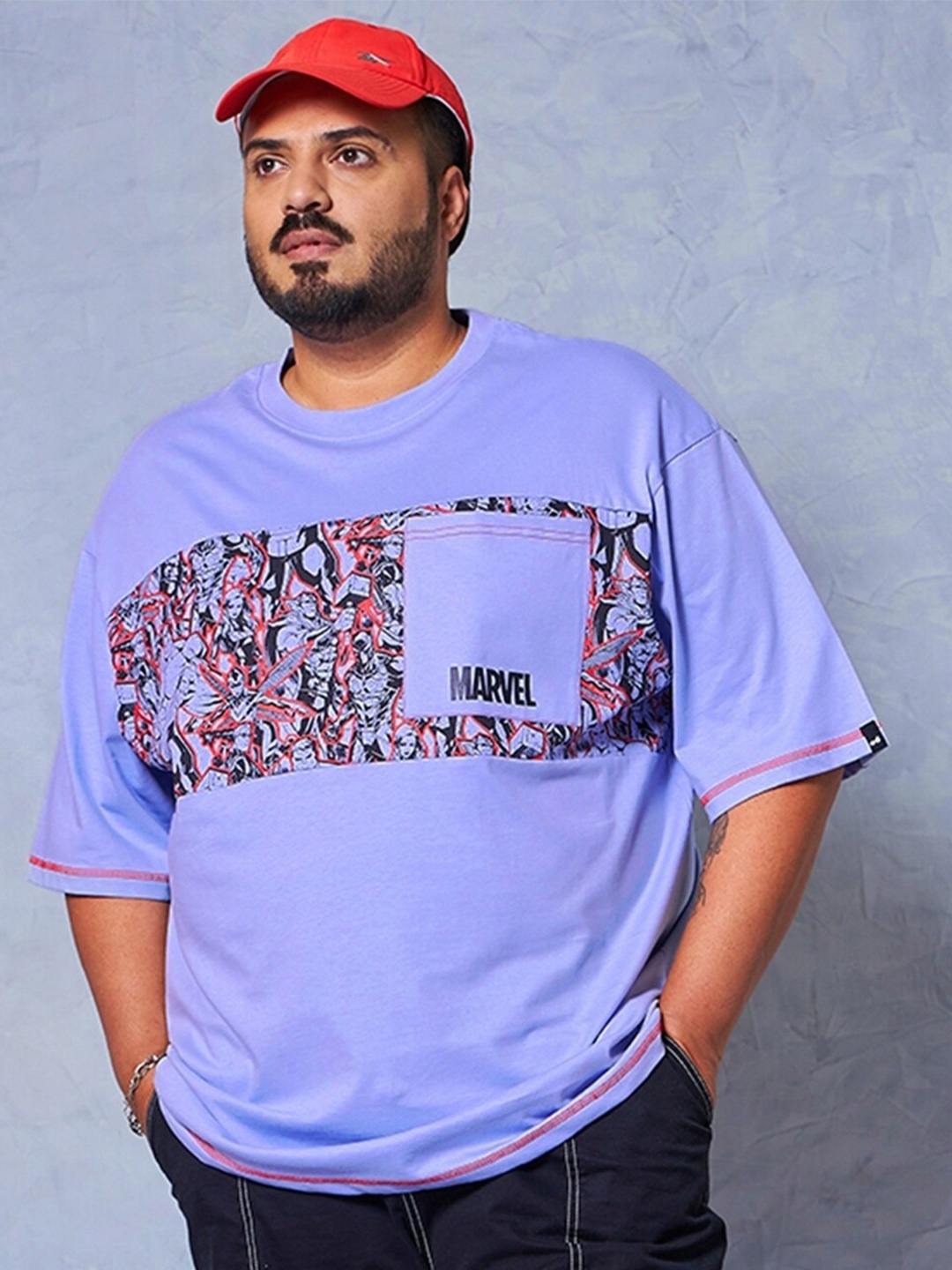 

Bewakoof Plus Size Graphic Printed Henley Neck Extended Sleeves Pockets T-shirt, Purple