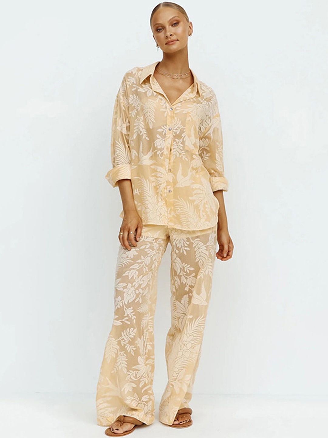 

LULU & SKY Printed Shirt & Flared Trouser Co-Ords, Beige