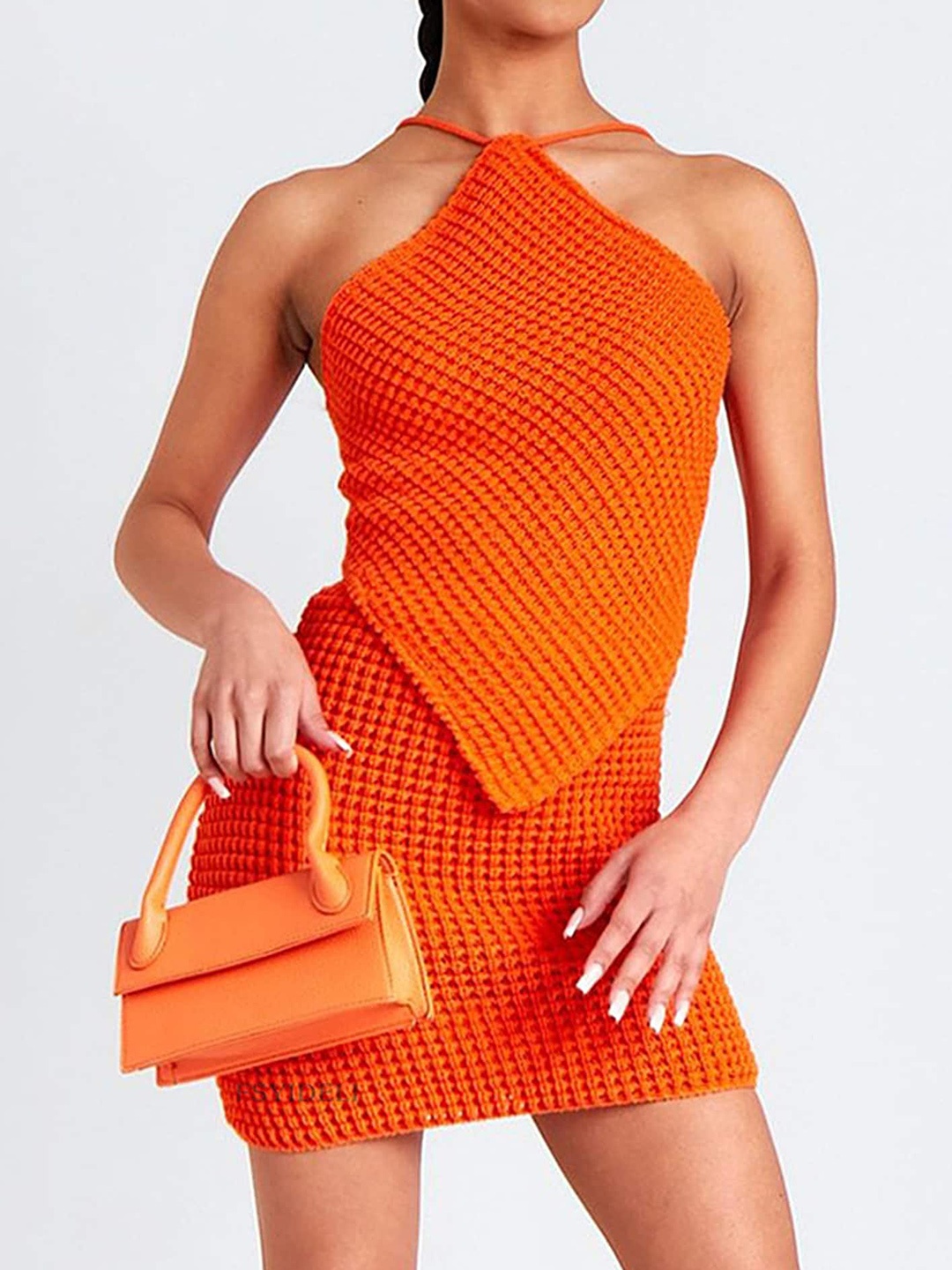 

LULU & SKY Waffle Textured Halter Neck Top & Skirts, Orange