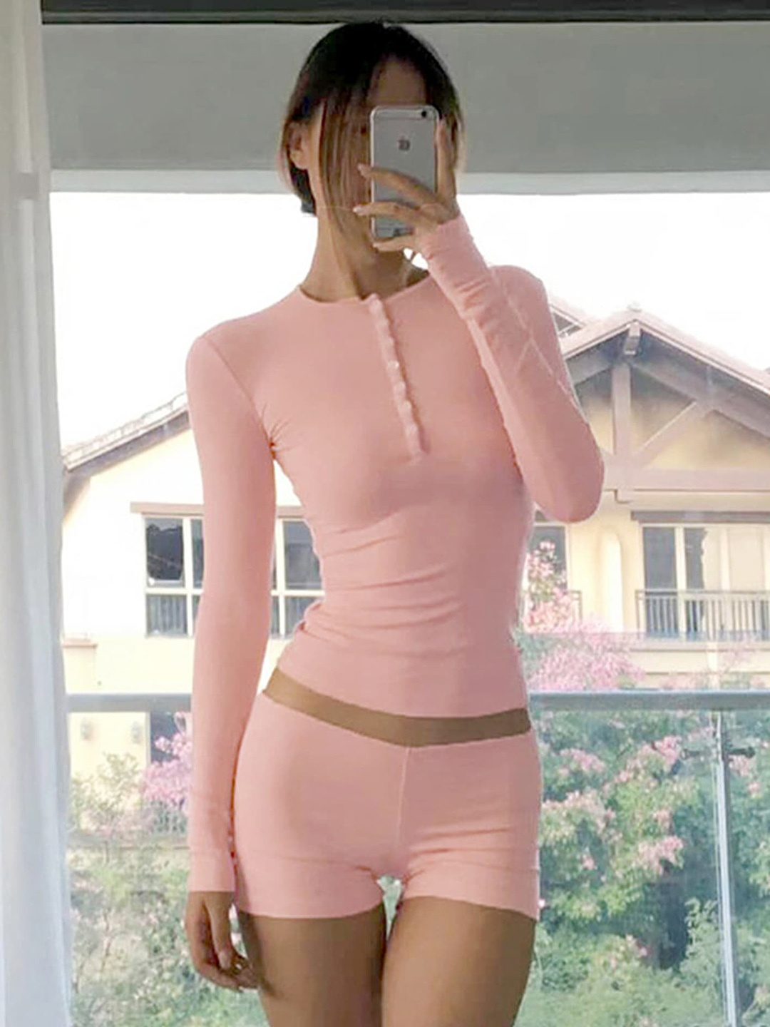

LULU & SKY Long Sleeves Half Placket Top & Shorts, Pink