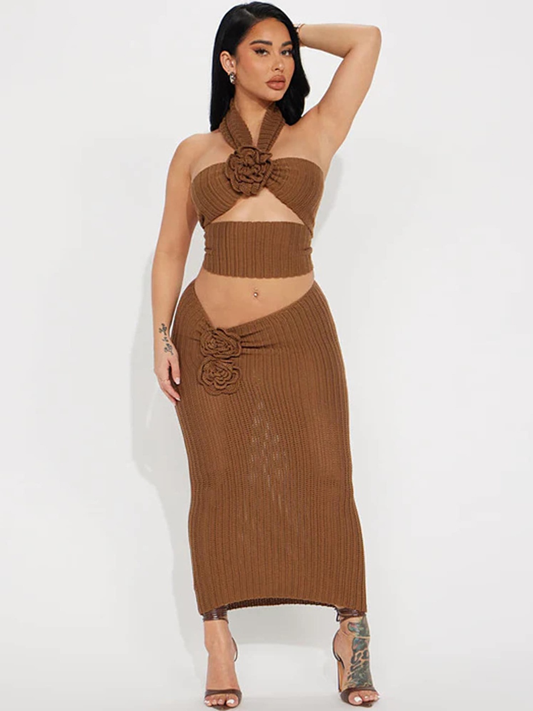 

LULU & SKY Halter Neck Crop Top With Skirt, Brown