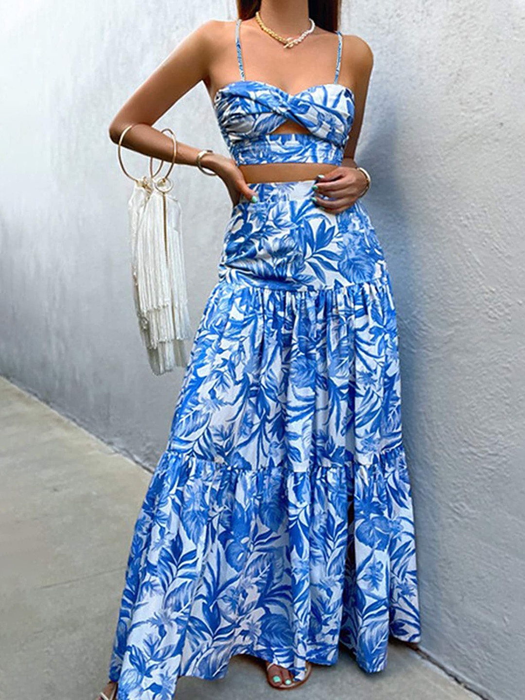 

LULU & SKY Printed Sleeveless Tube Top With A-Line Skirts Co-Ords, Blue
