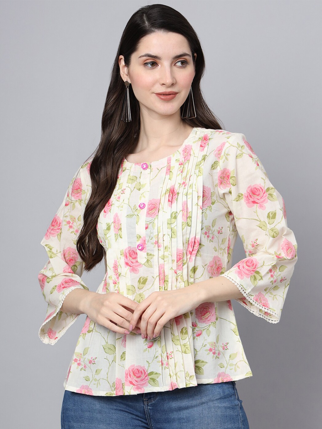 

FABRIC FITOOR Devaarti Floral Opaque Printed Casual Pintucks Shirt, Off white