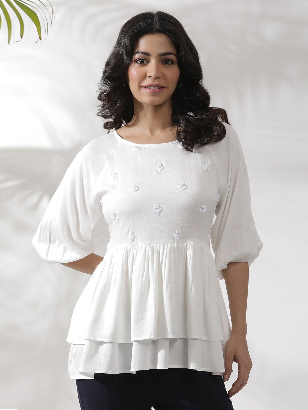 

W Embroidered Puff Sleeves Gathered Layered A-Line Top, White