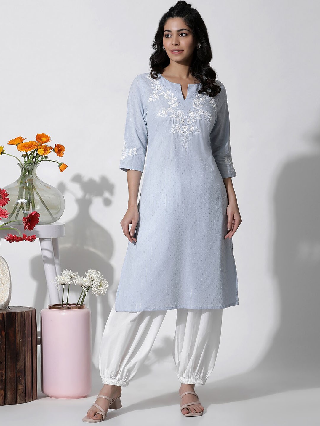 

W Floral Embroidered Round Neck Sequinned Straight Kurta, Blue