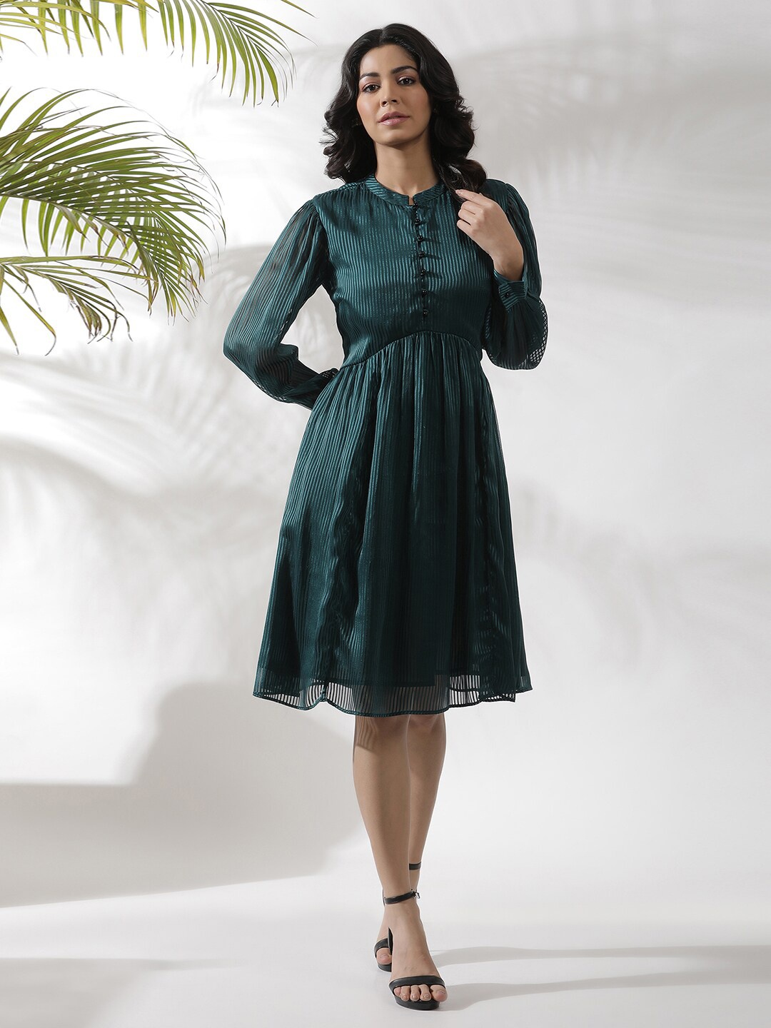 

W Self Design Striped Fit & Flare Dress, Green