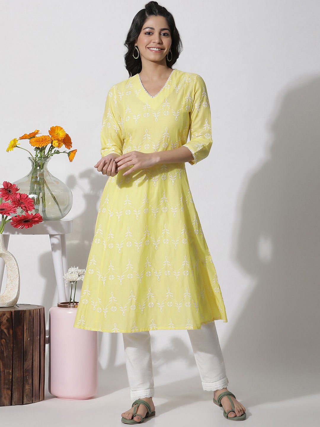 

W Floral Embroidered V-Neck Thread Work Cotton A-Line Kurta, Yellow