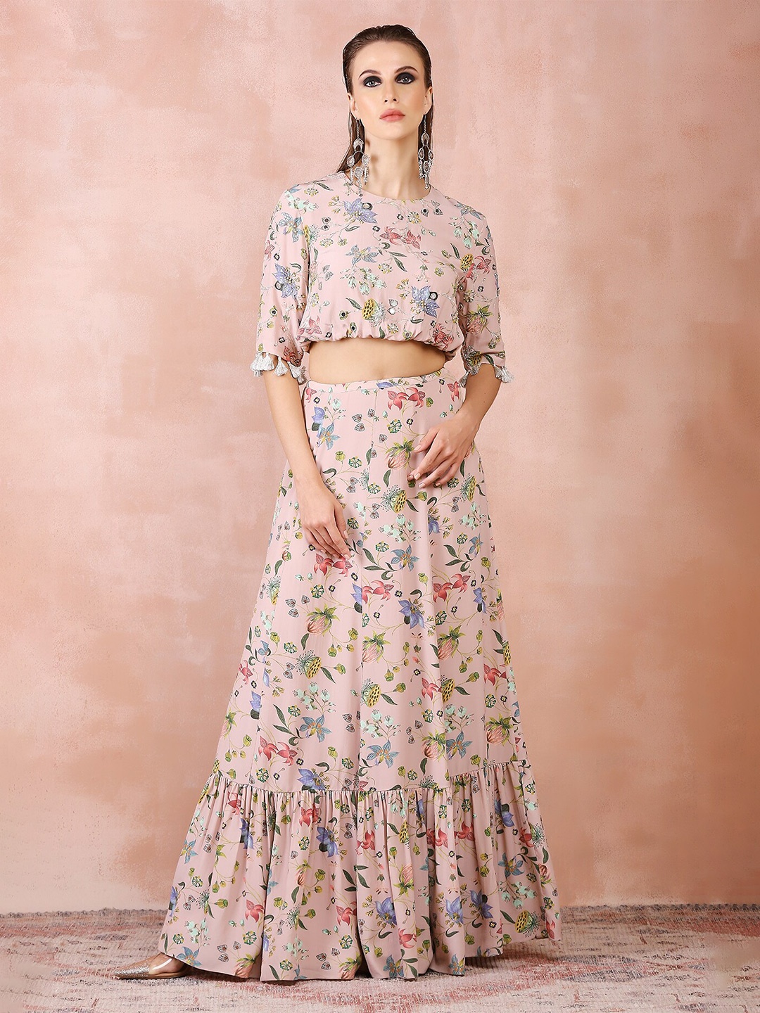 

Payal Singhal Floral Printed Embroidered Boat Neck Crop Top With Frill Skirt, Pink