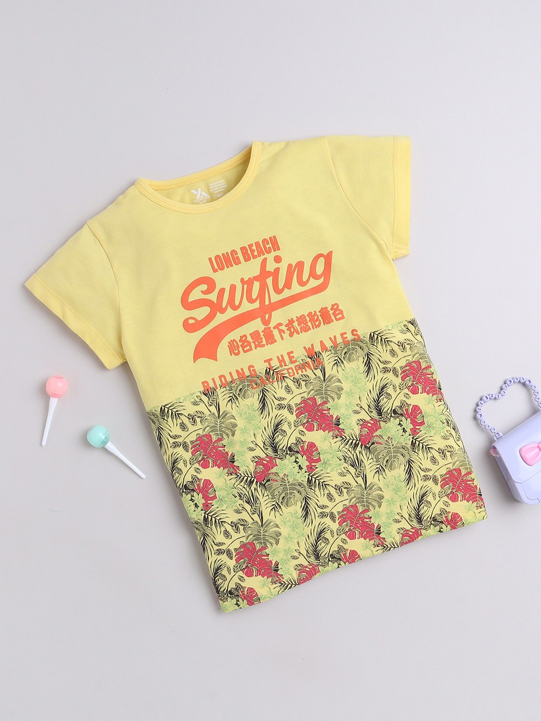Yellow Apple Boys Floral Printed Cotton T-shirt