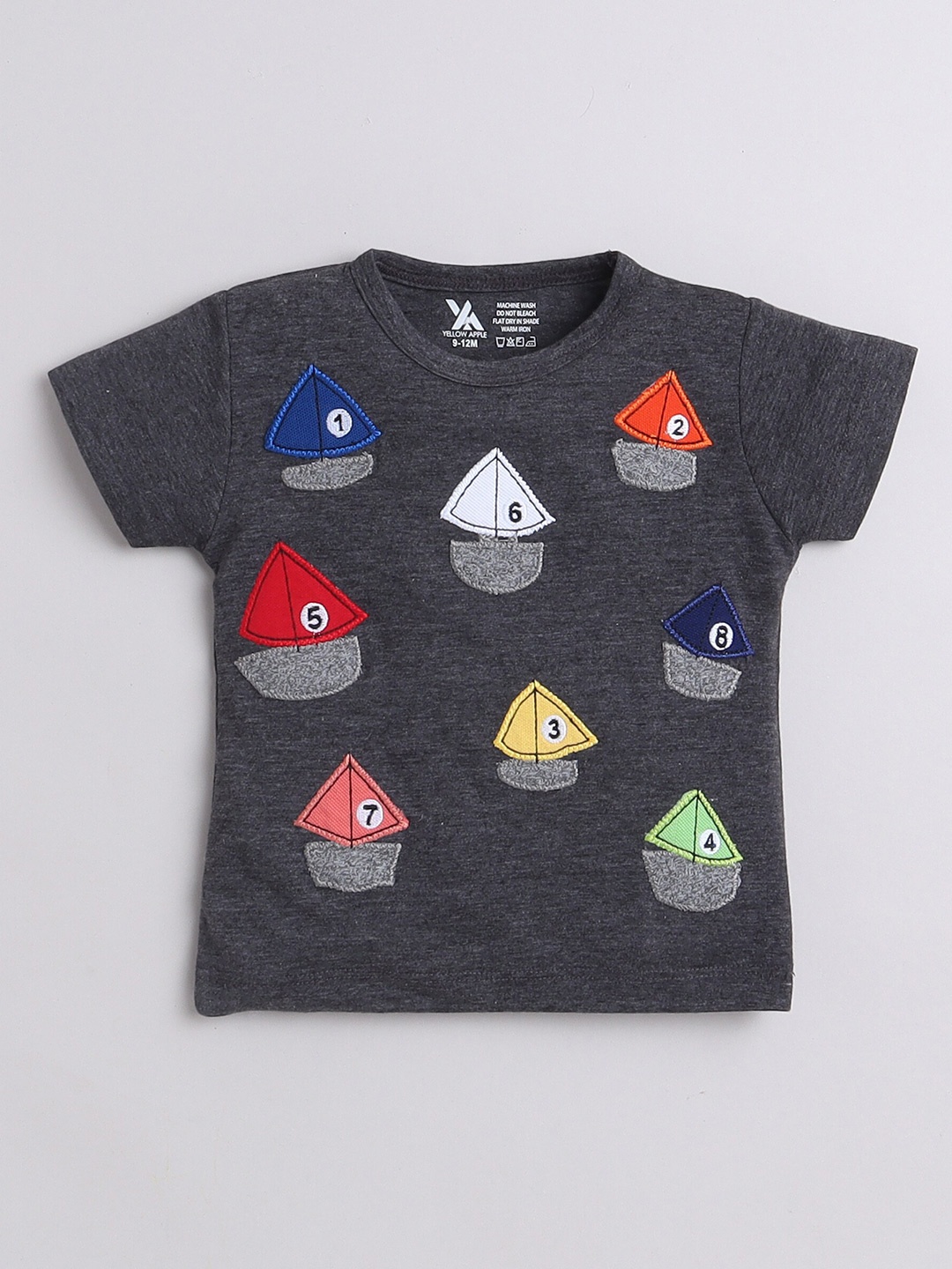 Yellow Apple Boys Self Design Embroidered Cotton T-shirt, Charcoal