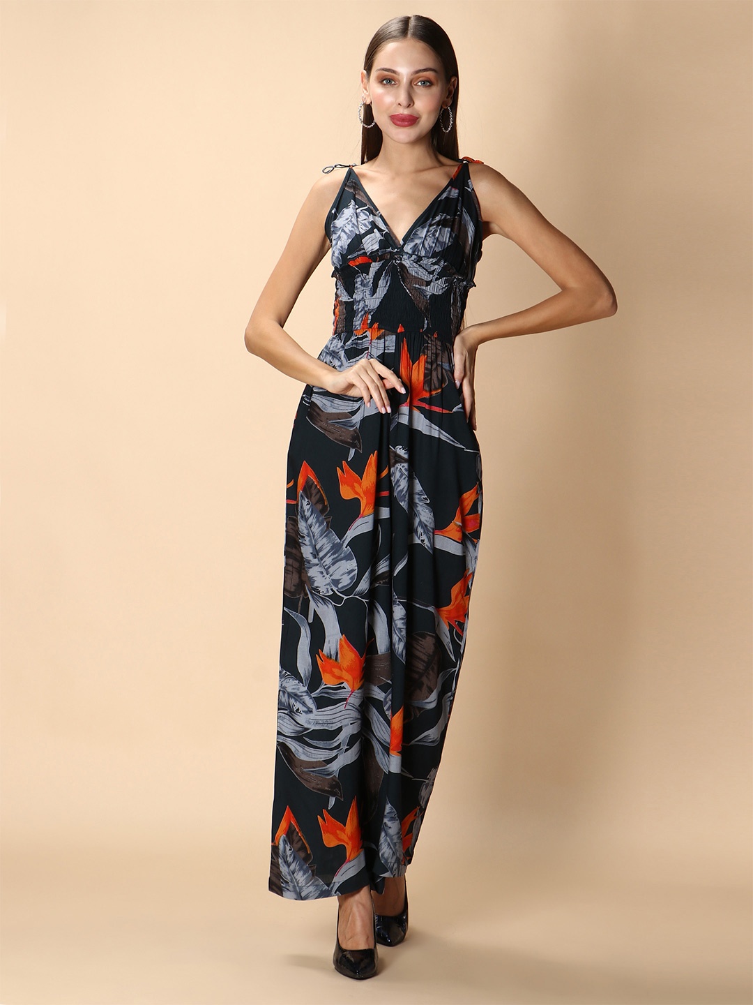 

DEBONATELLA Floral Printed Smocked V-Neck Sleeveless Basic Jumpsuit, Navy blue