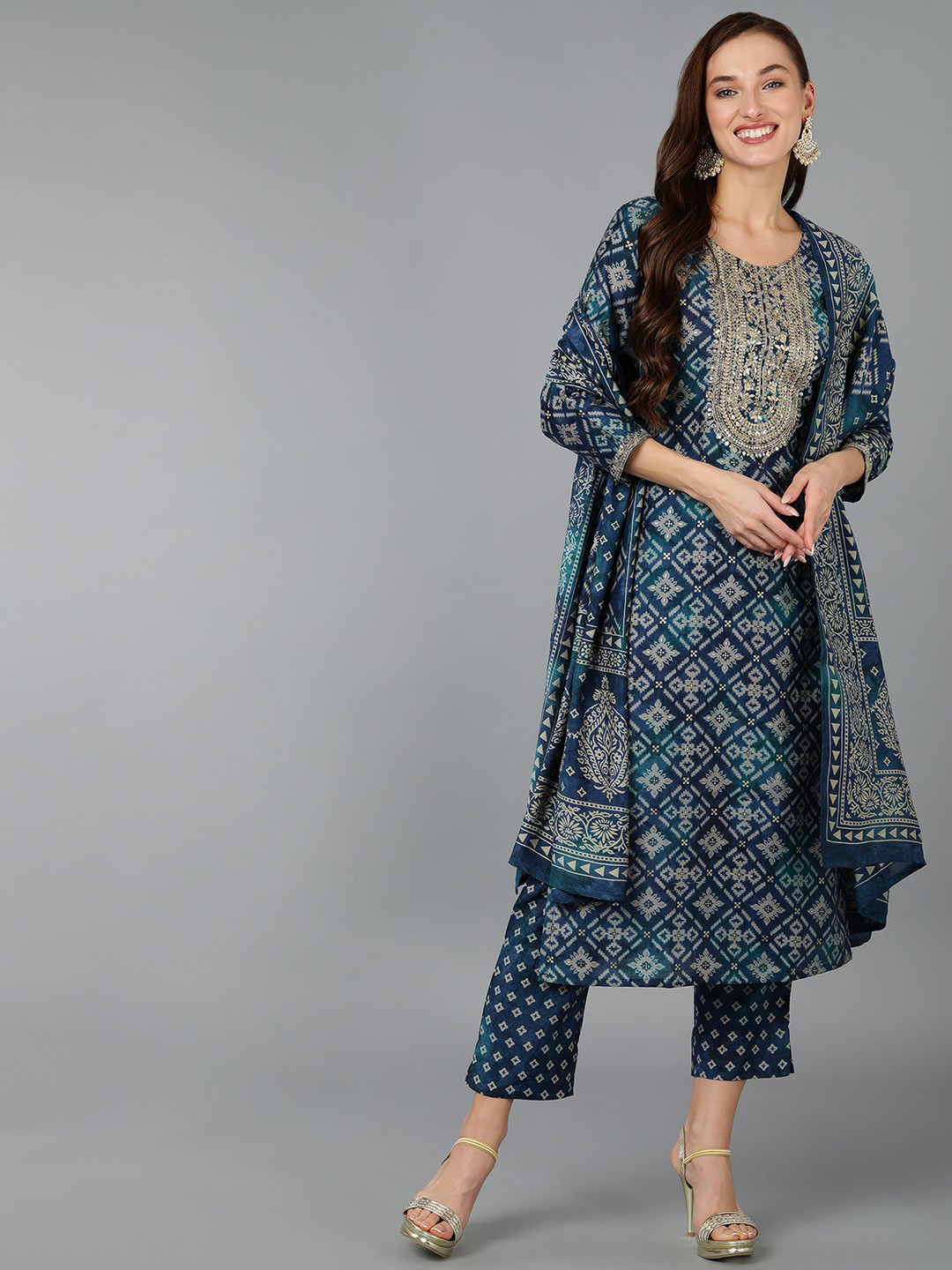 

AHIKA Ethnic Motifs Embroidered Sequinned Straight Kurta with Trousers & With Dupatta, Blue