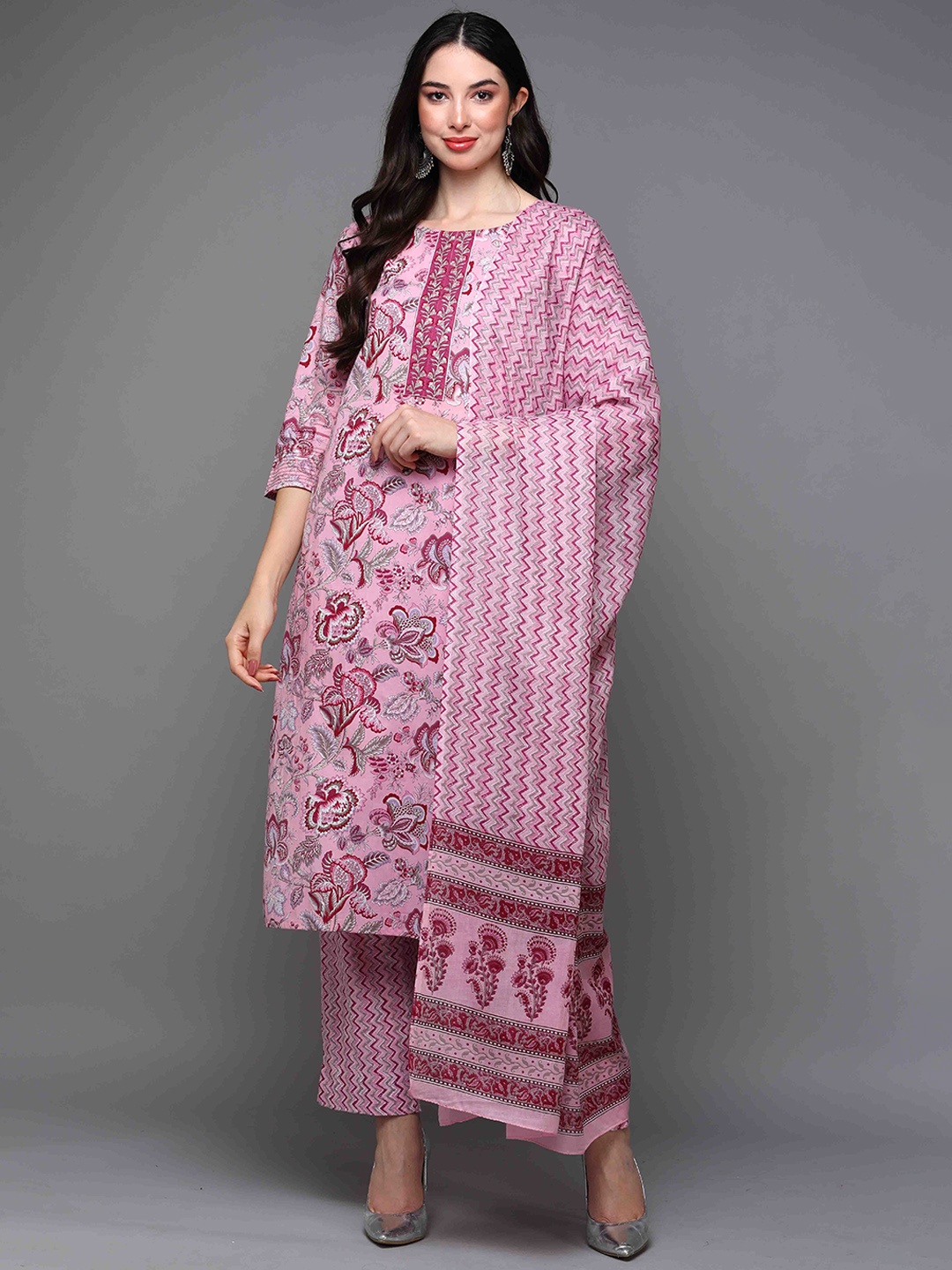 

AHIKA Floral Printed Pure Cotton Straight Kurta With Trousers & Dupatta, Pink