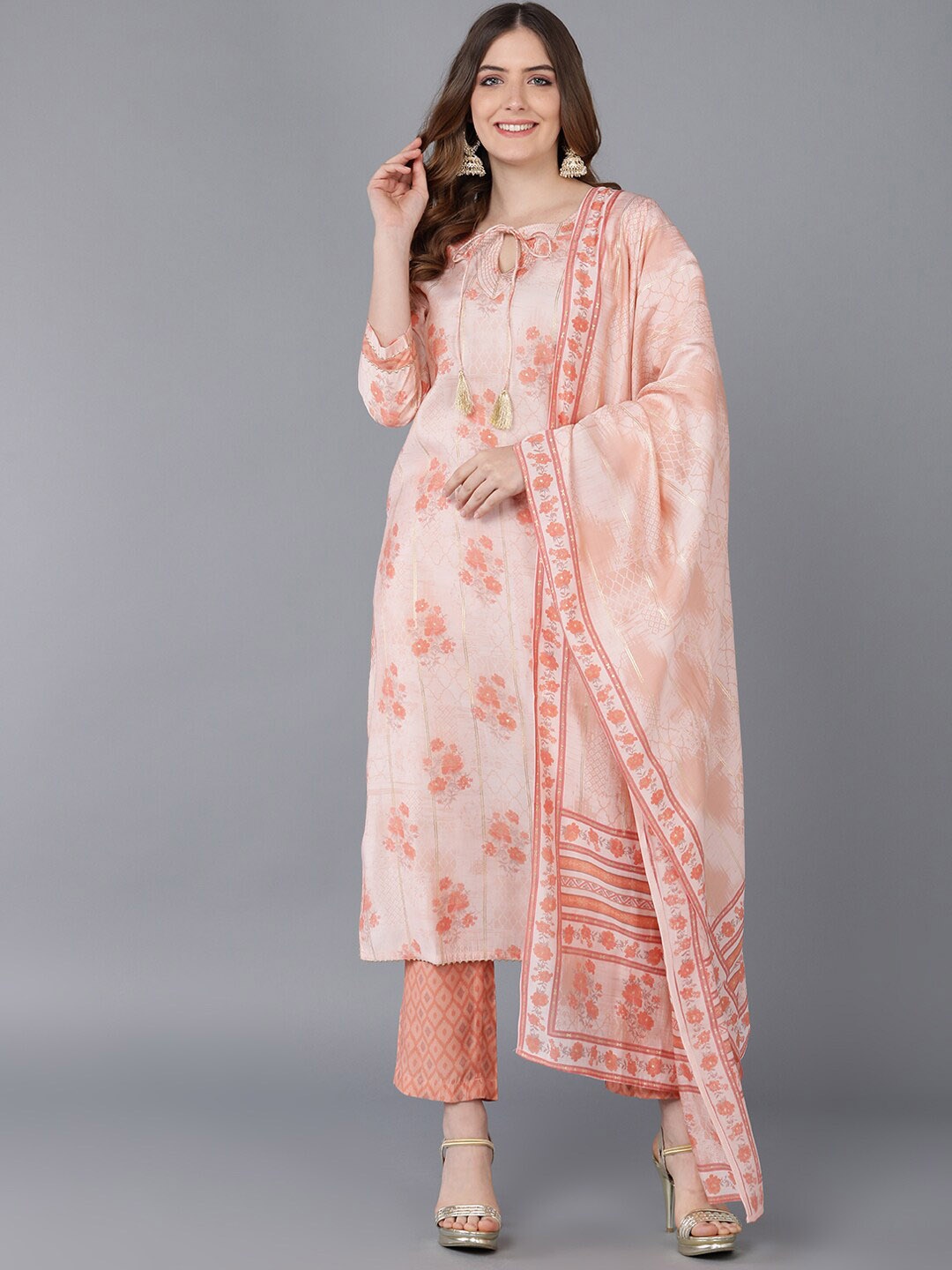 

AHIKA Ethnic Motifs Printed Tie-Up Neck Straight Kurta with Trousers & With Dupatta, Peach