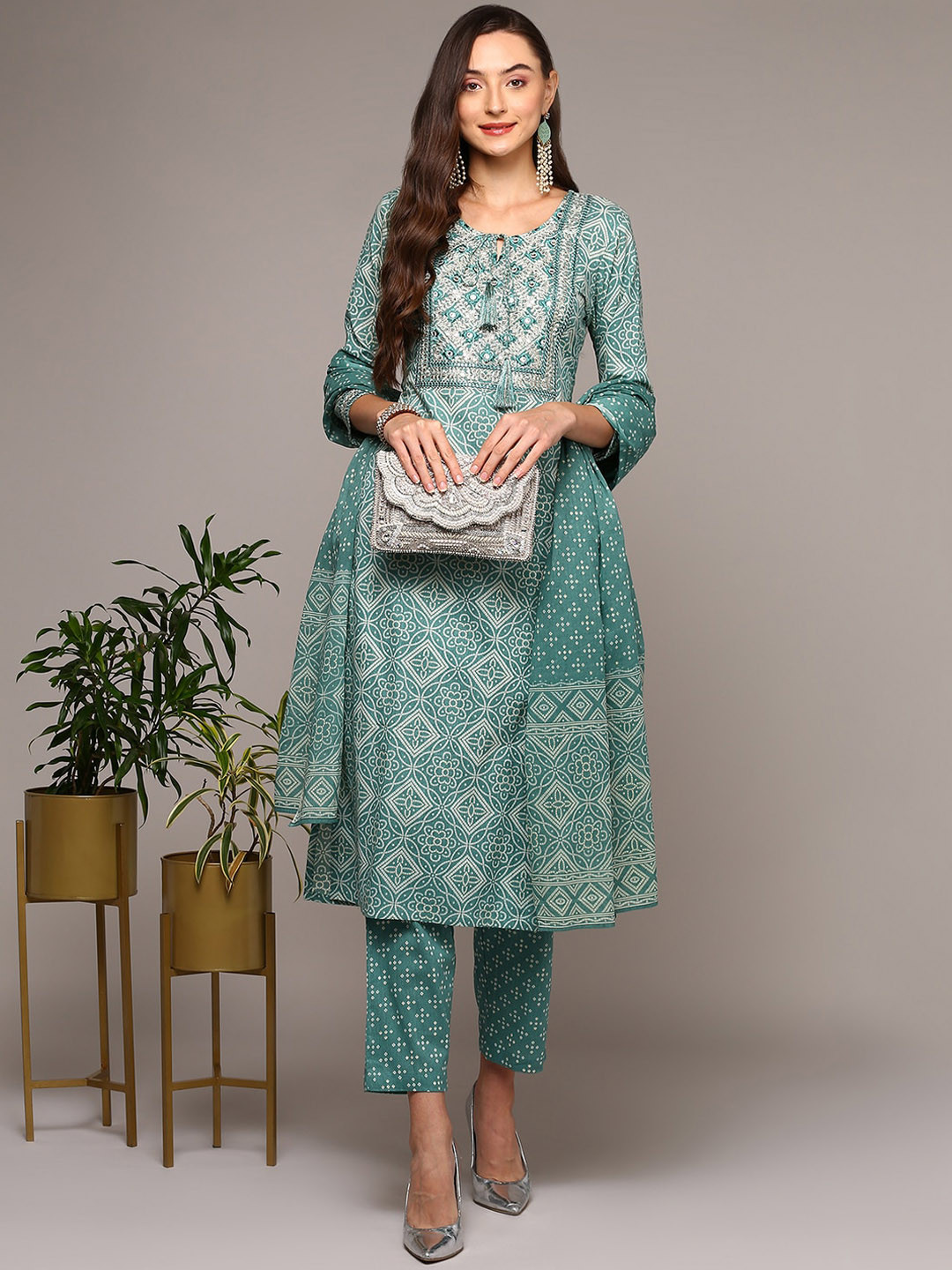 

AHIKA Women Floral Embroidered Regular Mirror Work Pure Cotton Kurta with Trousers & With Dupatta, Sea green