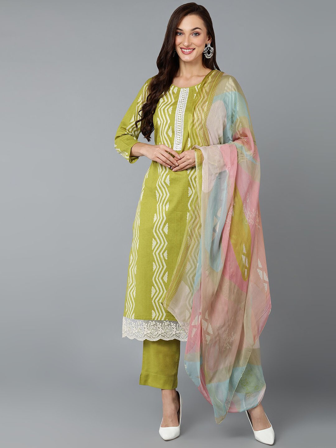 

AHIKA Geometric Printed Straight Kurta With Trousers & Dupatta, Lime green
