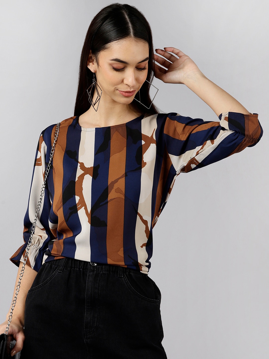 

AHIKA Striped Round Neck Georgette Top, Brown