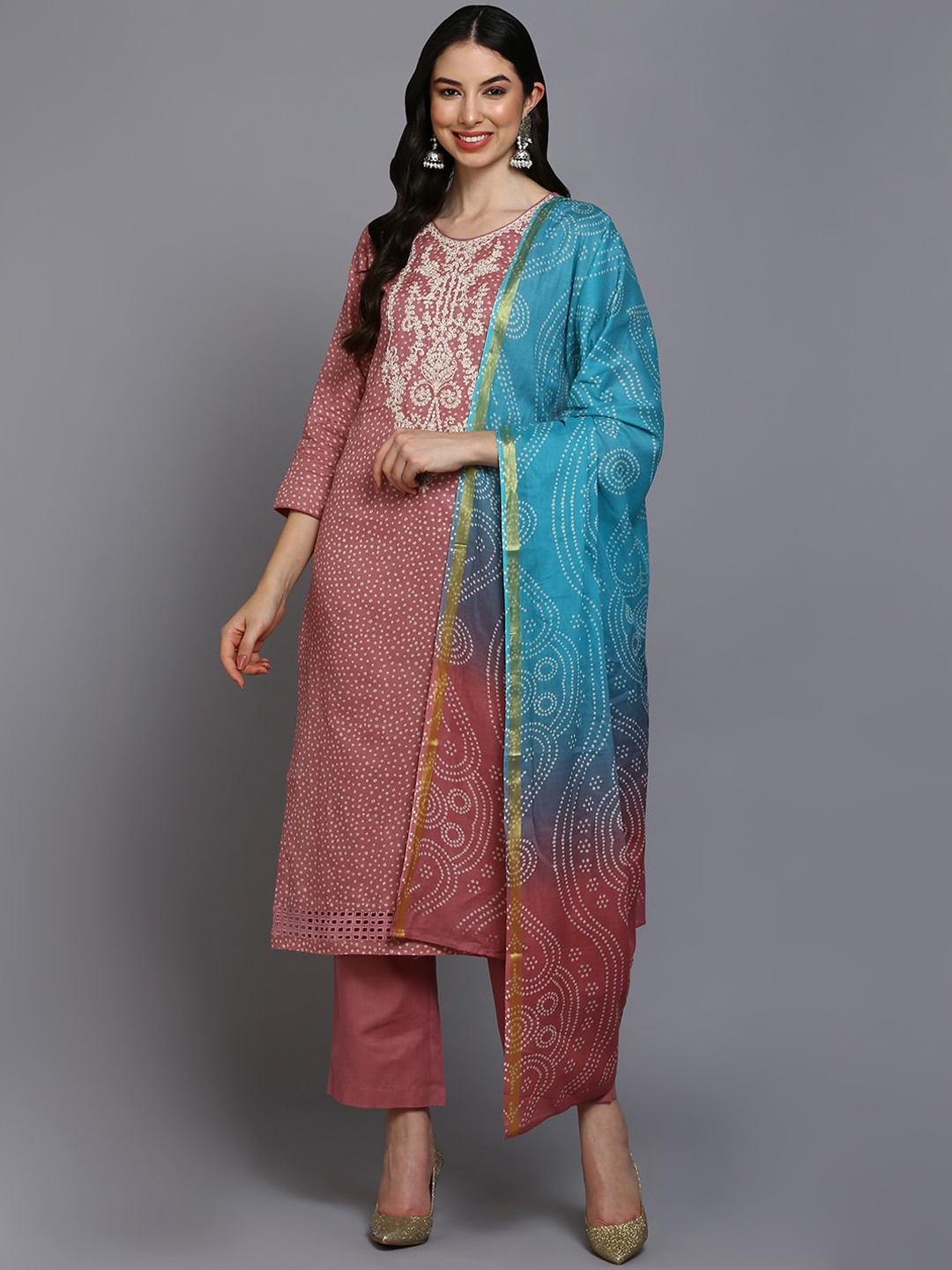 

AHIKA Ethnic Motifs Printed Regular Thread Work Pure Cotton Kurta With Trousers & Dupatta, Pink