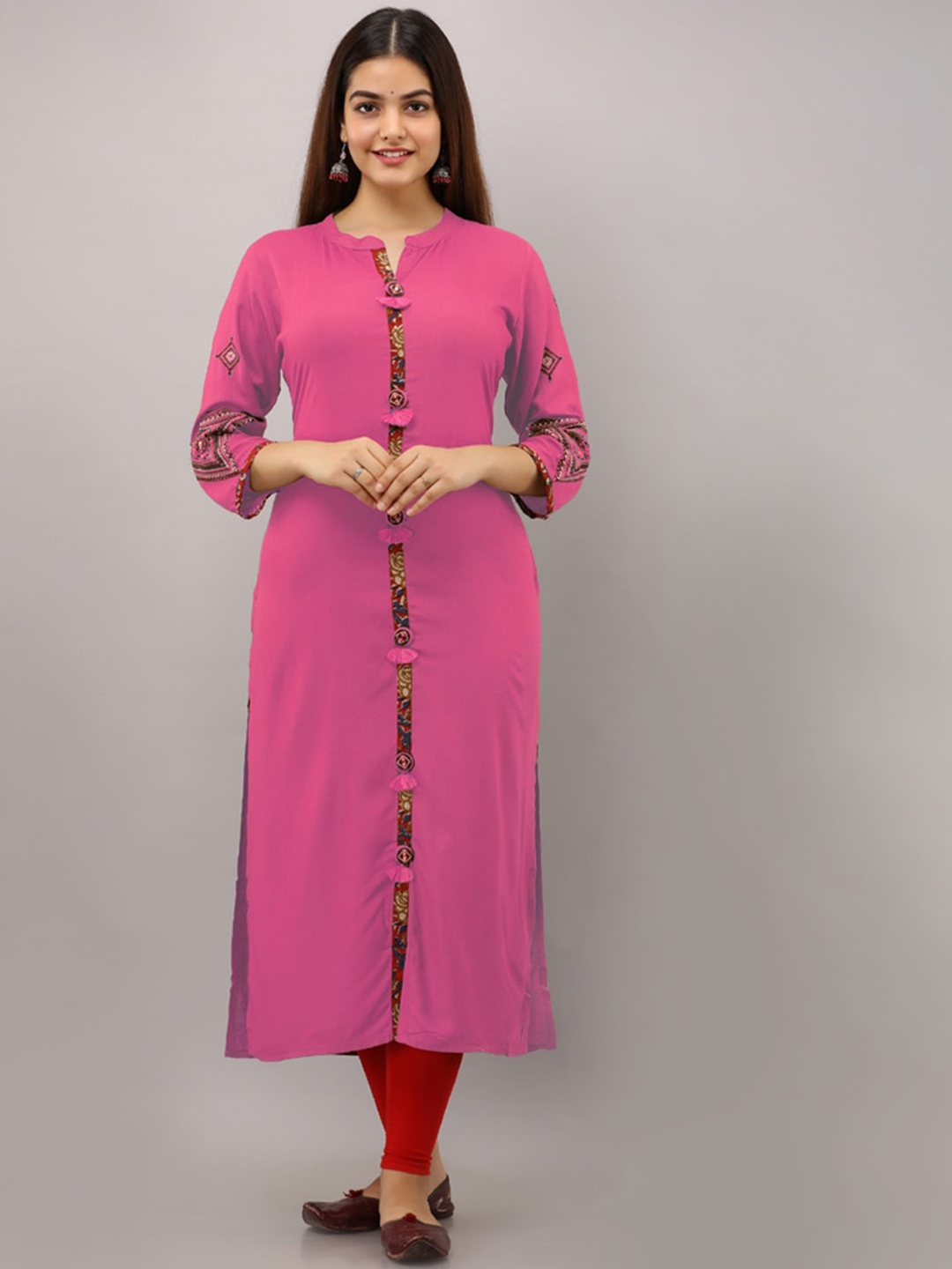 

BAESD Ethnic Motifs Embroidered Mandarin Collar Straight Kurta, Pink