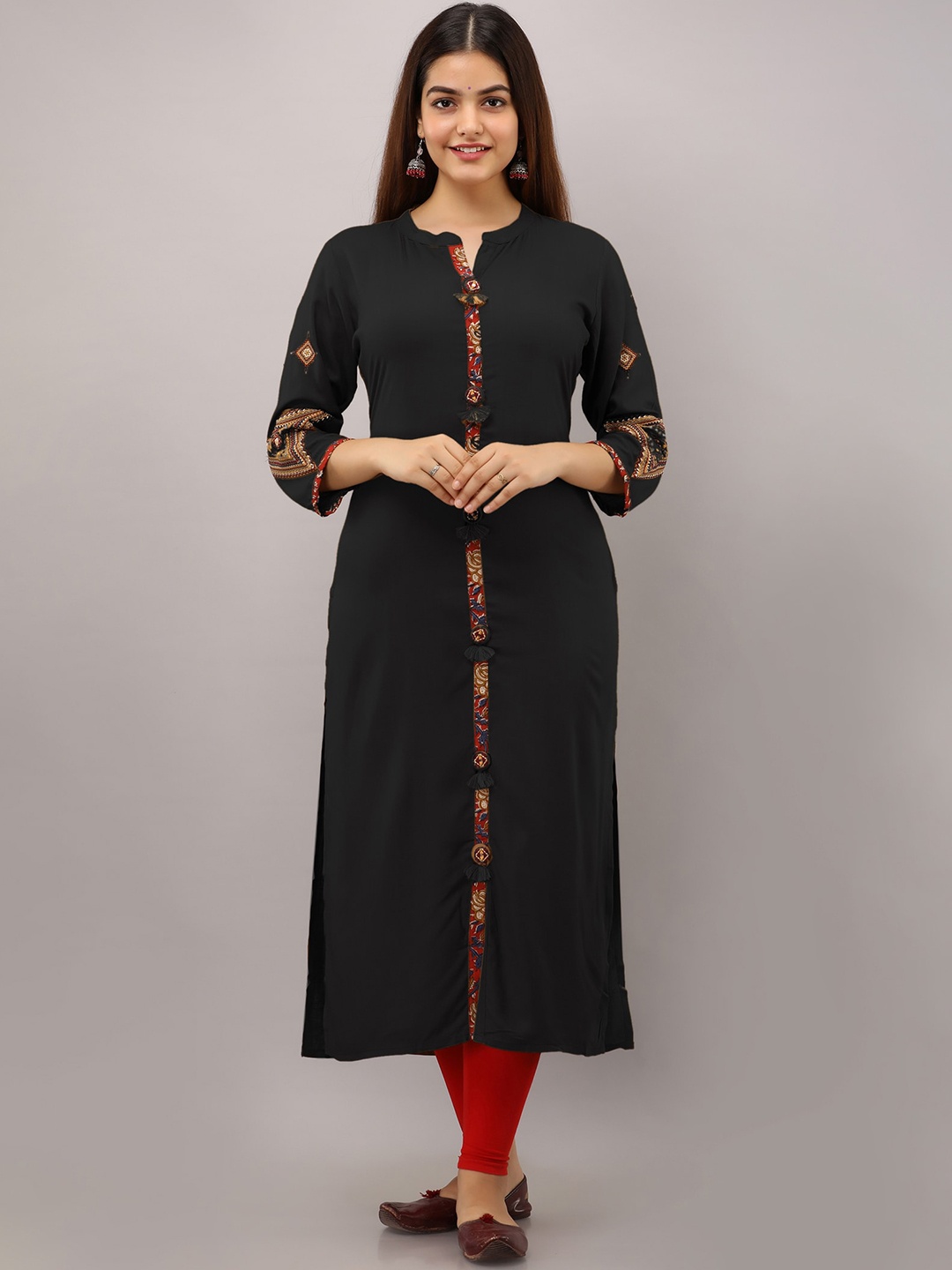 

BAESD Ethnic Motifs Embroidered Mandarin Collar Straight Kurta, Black