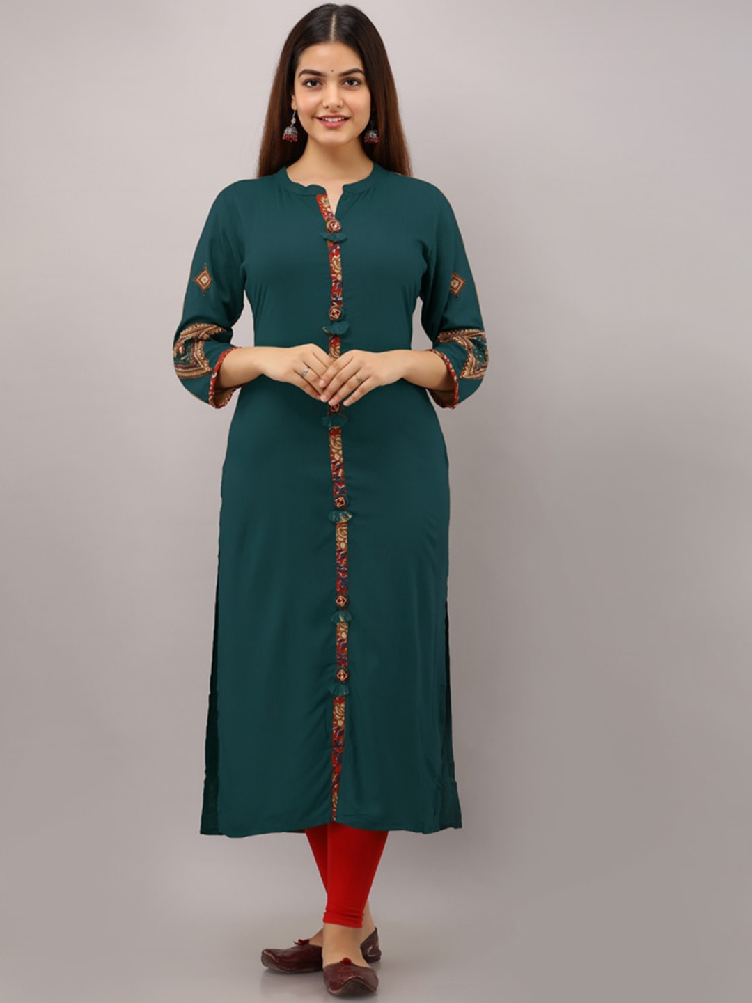 

BAESD Ethnic Motifs Embroidered Mandarin Collar Straight Kurta, Teal