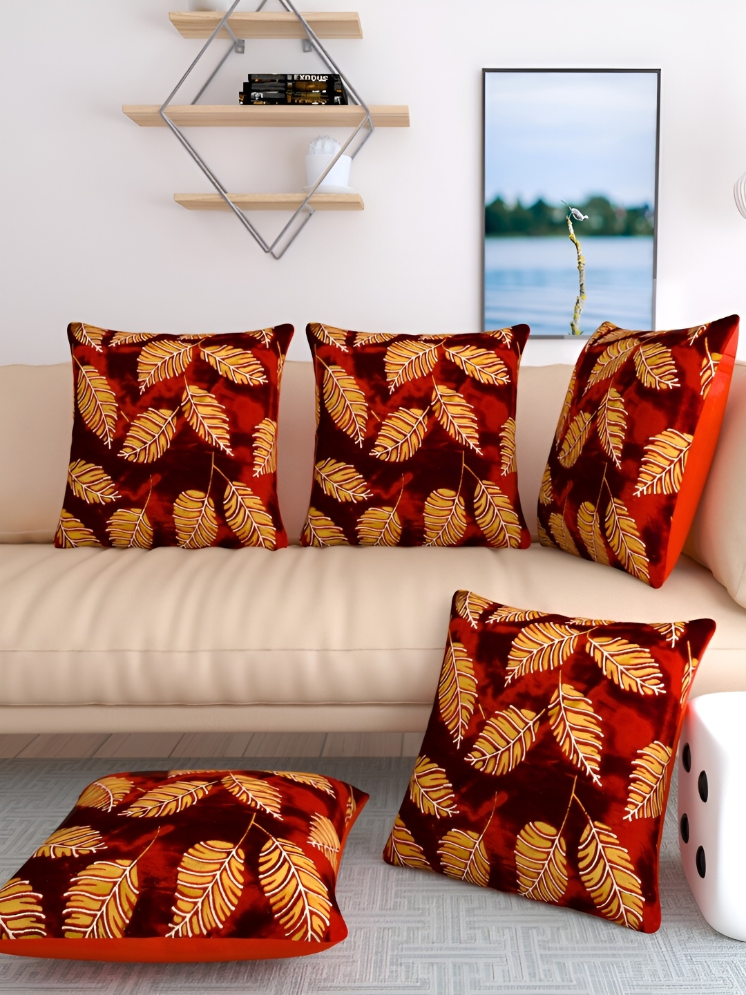 TANLOOMS Maroon & Gold Toned 5 Pieces Floral Textured Velvet Square Cushion Covers