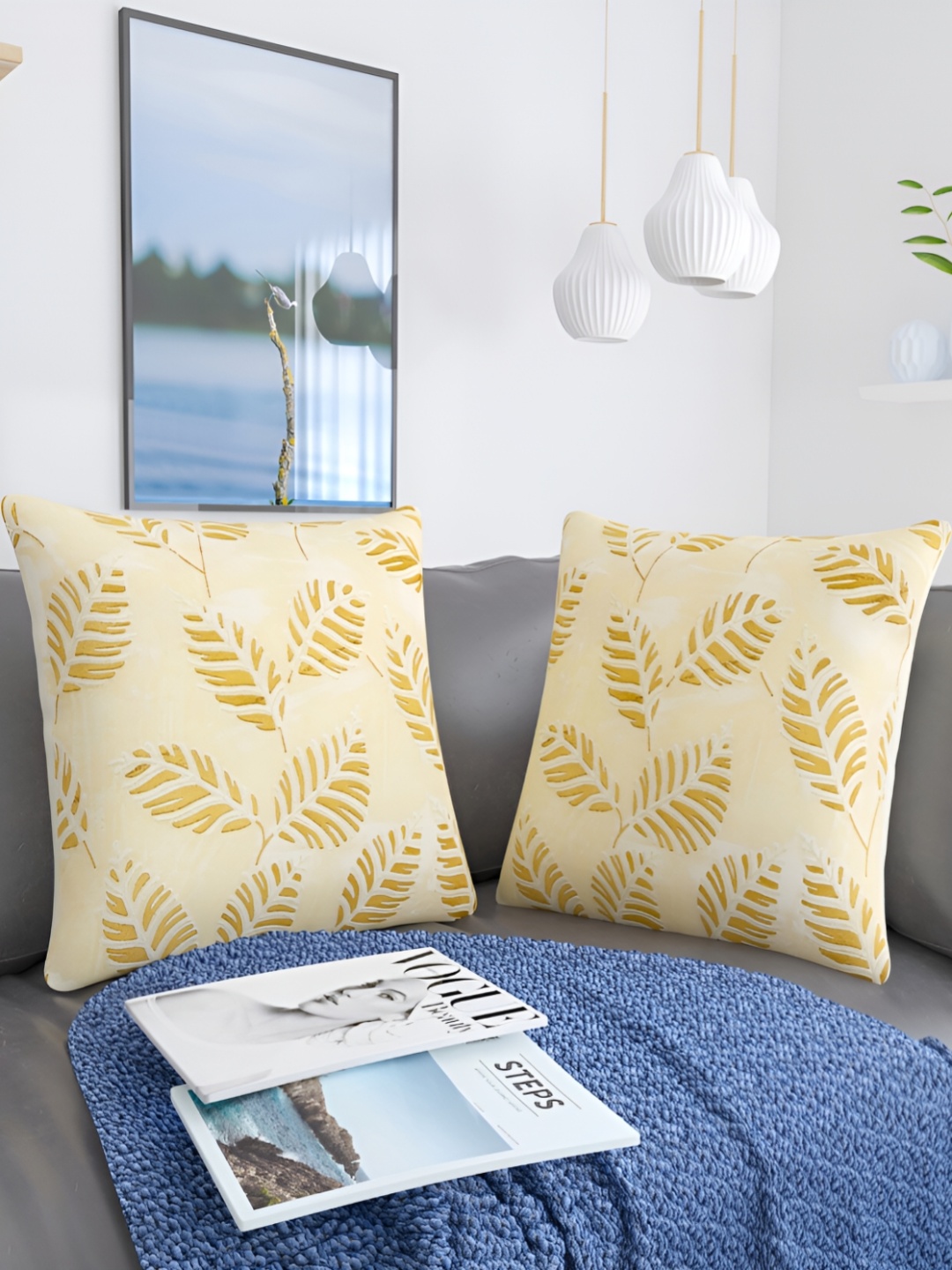 

TANLOOMS Creamn Coloured 2 Pieces Floral Textured Velvet Square Cushion Covers, Cream