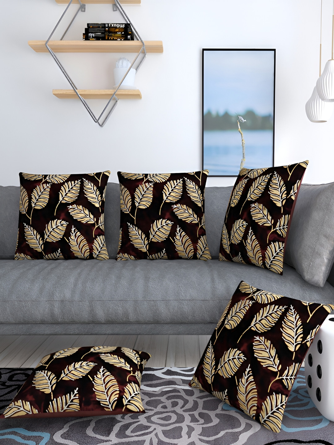 

TANLOOMS Brown & Beige 5 Pcs Floral Velvet Square Cushion Covers