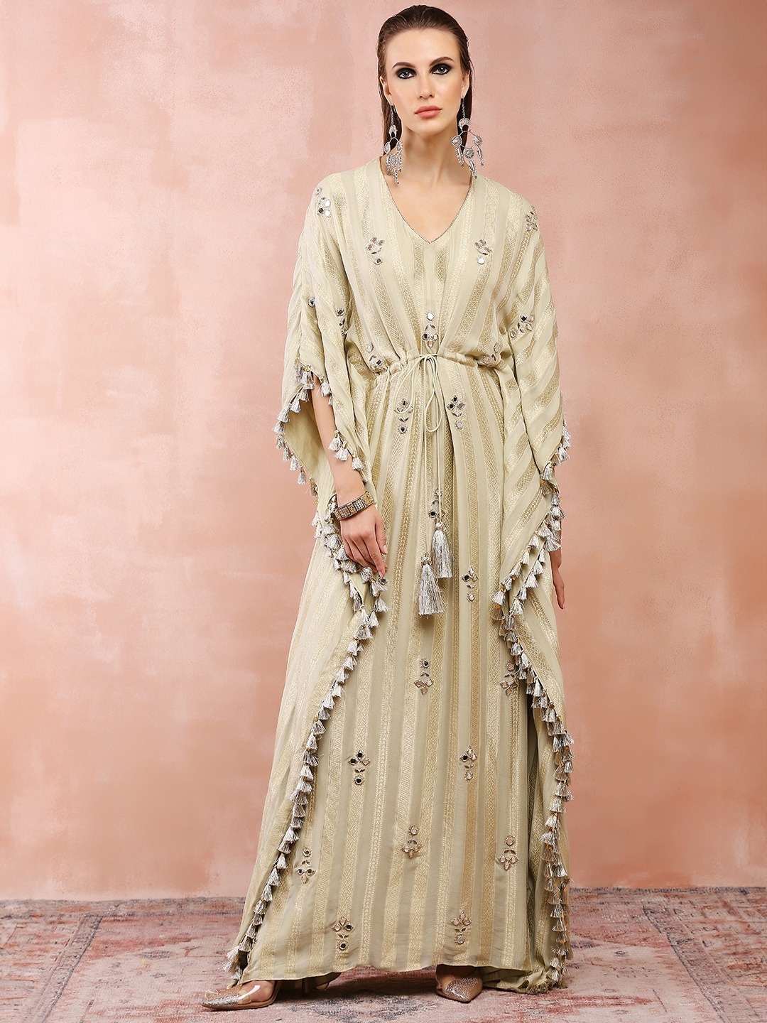 

Payal Singhal Ethnic Motif Woven Design Georgette Maxi Kaftan Dress, Beige