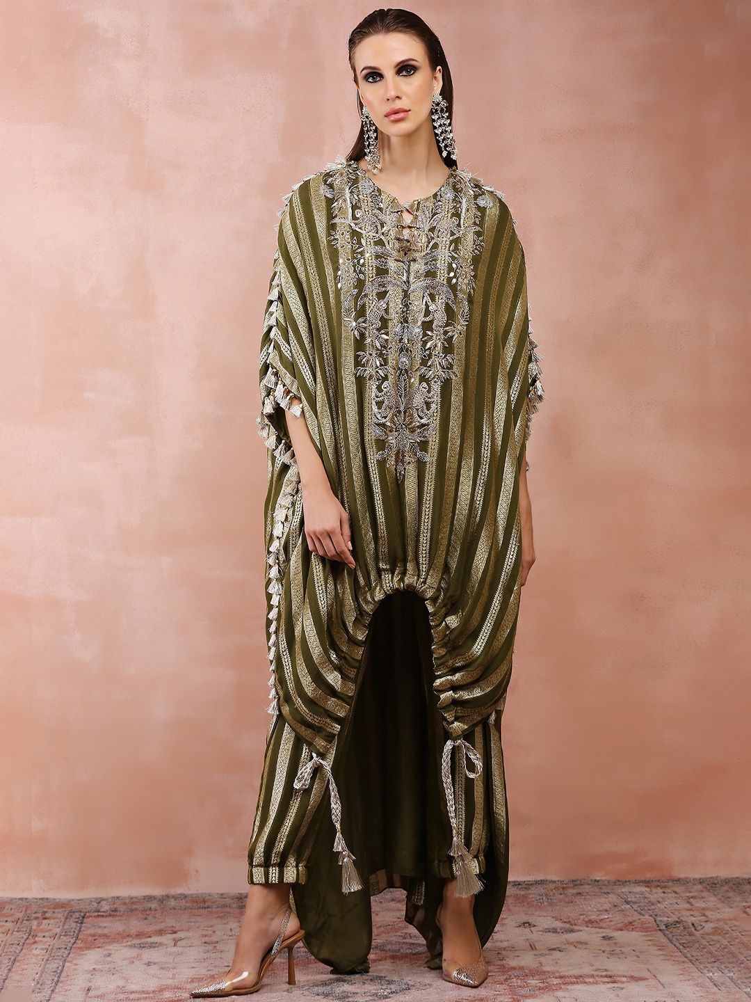 

Payal Singhal Embroidered Georgette High Low Kaftan Tunic With Joggers, Olive