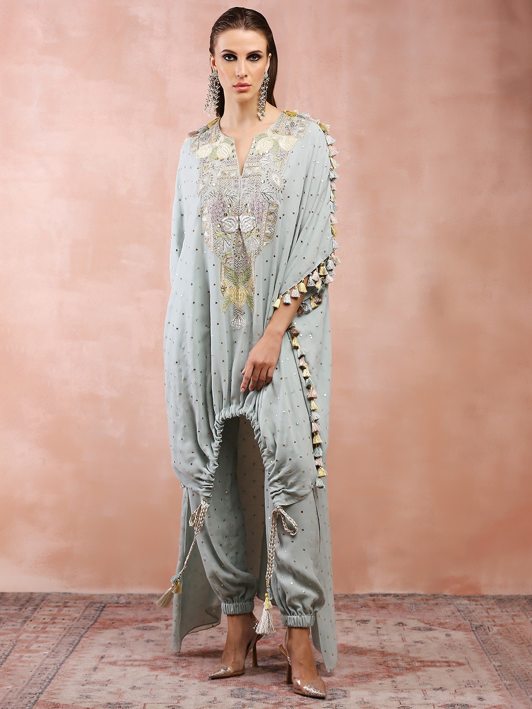 Payal Singhal Embroidered Georgette High Low Kaftan Tunic With Joggers, Blue
