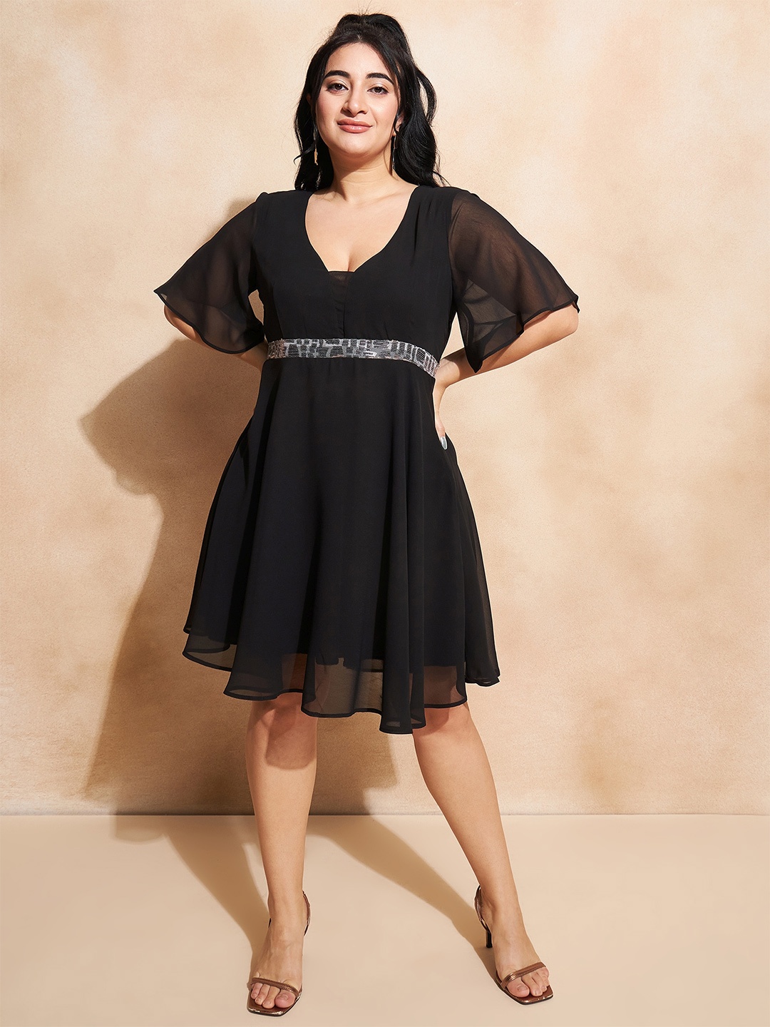 

CURVE BY KASSUALLY Plus Size Sparkle Foil Knitted Sequined Fit & Flare Dress, Black