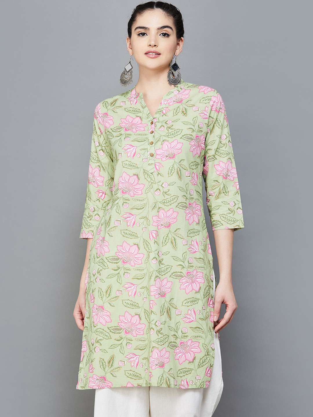 

Melange by Lifestyle Floral Printed Straight Cotton Kurta, Green