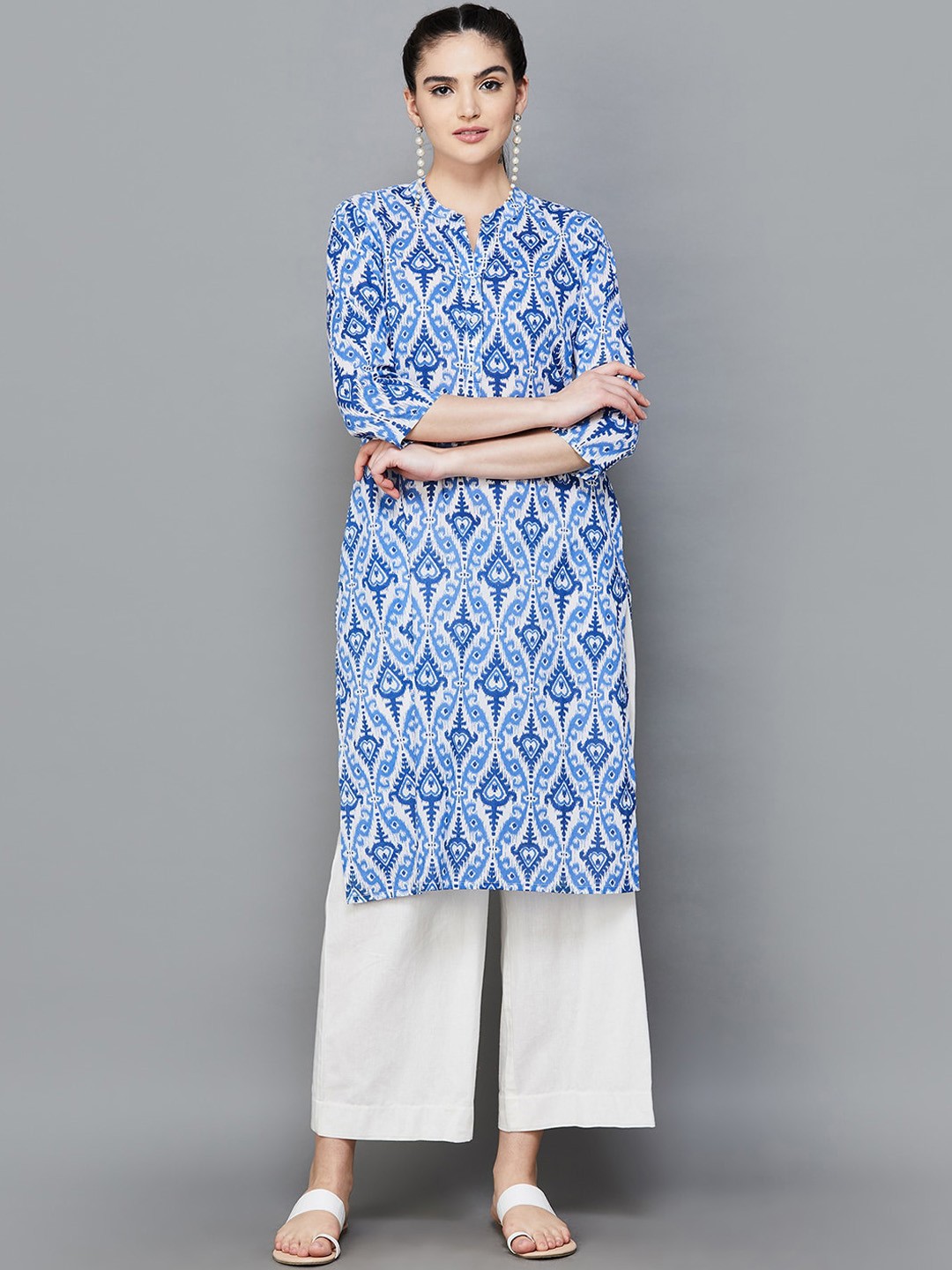 

Melange by Lifestyle Ethnic Motifs Printed Straight Pure Cotton Kurta, Blue