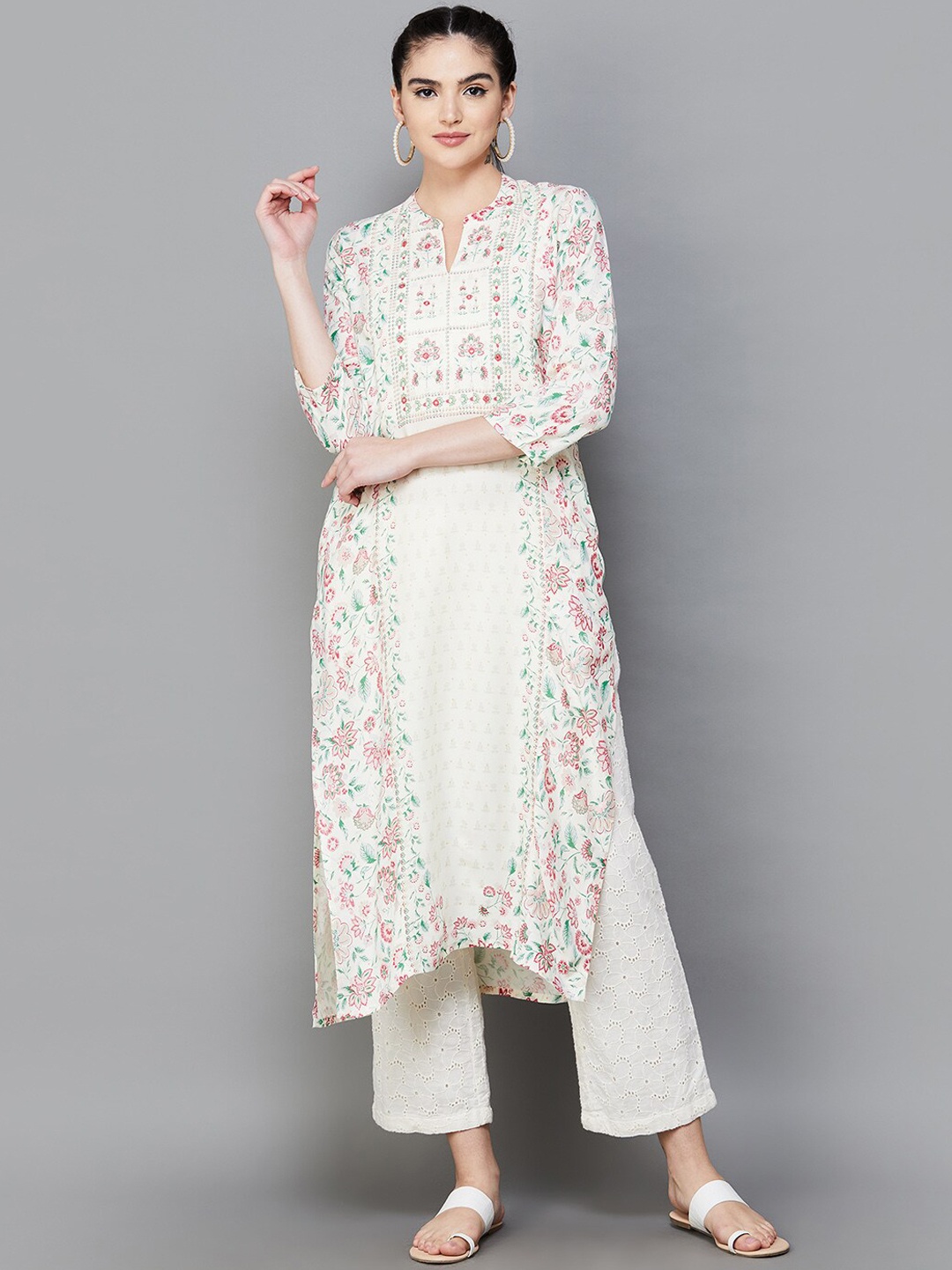 

Melange by Lifestyle Floral Printed Mandarin Collar Kurta, Off white