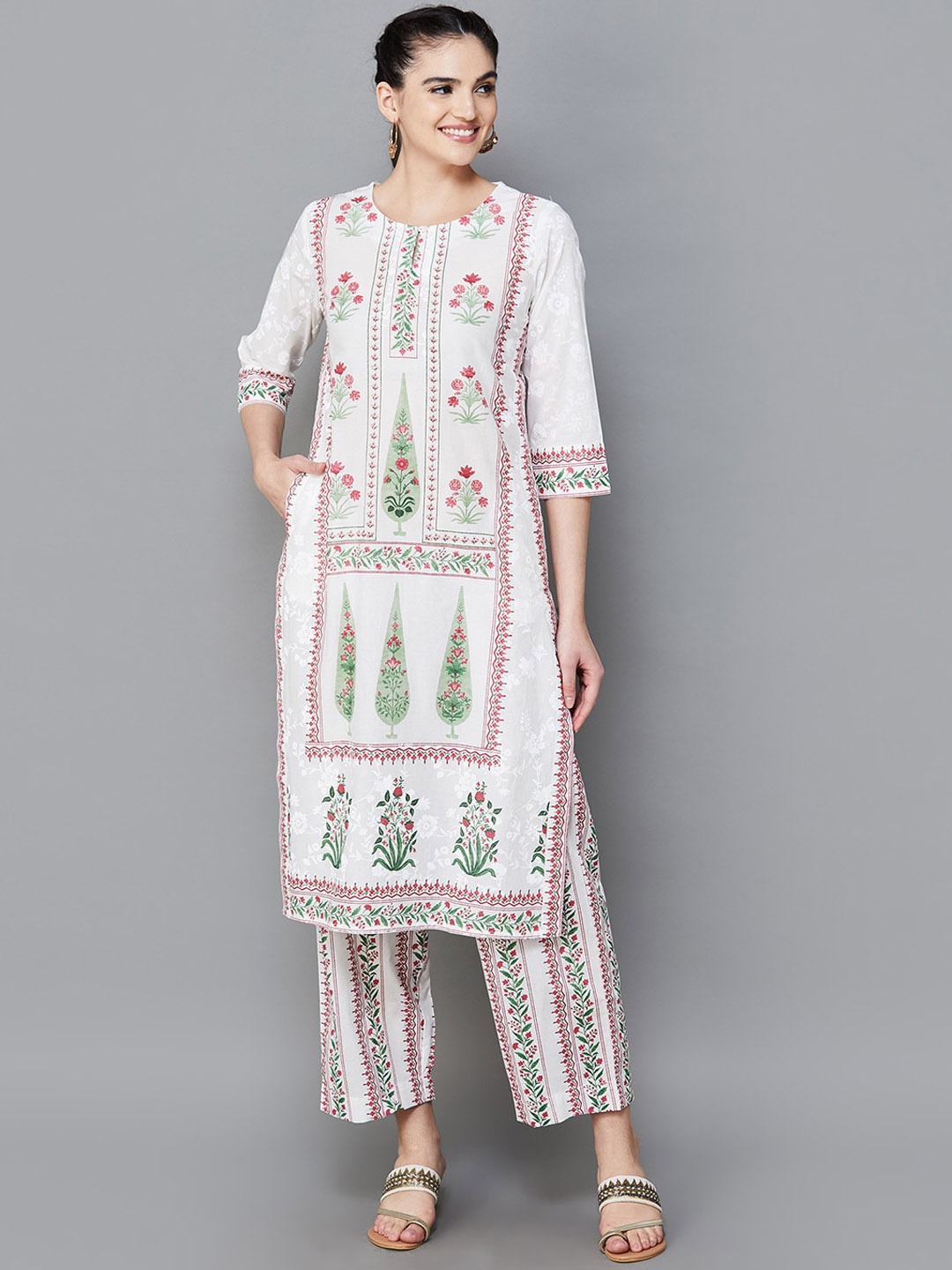 

Melange by Lifestyle Ethnic Motifs Printed Regular Pure Cotton Kurta With Trousers, Off white